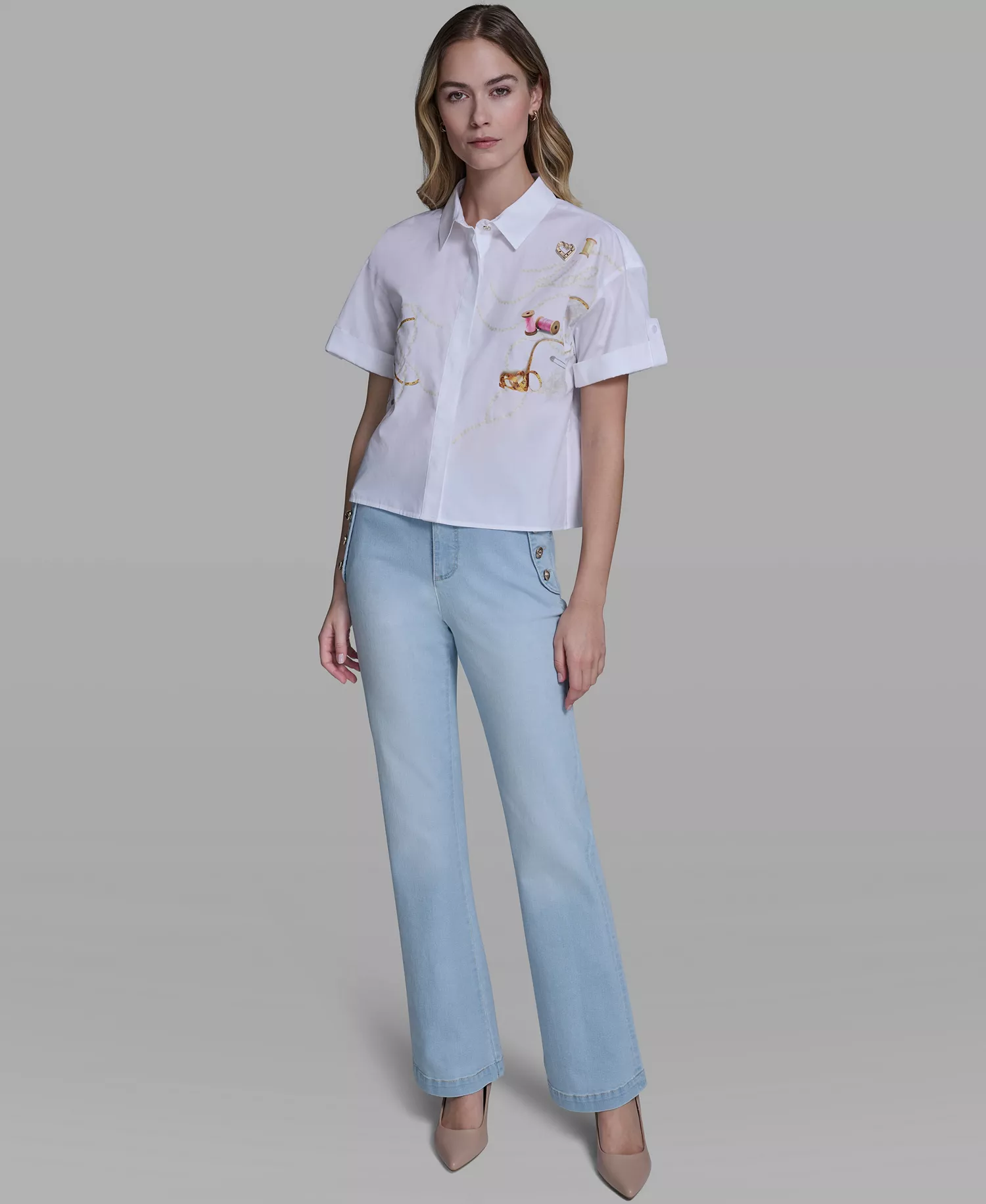 Women's Short-Sleeve Sewing Theme Top - White - L