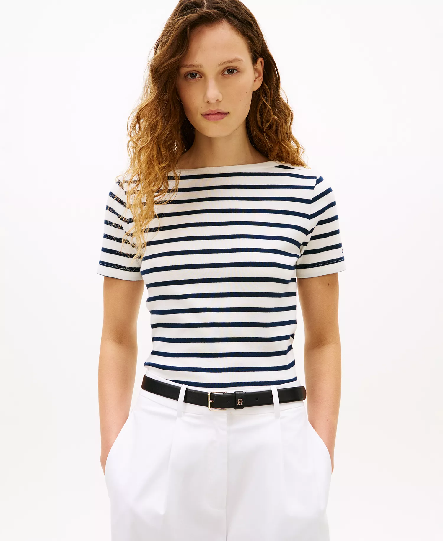 Women's Ribbed Boxy Crew Neck T-Shirt - Dark Night Navy / Ecru Stripe - L