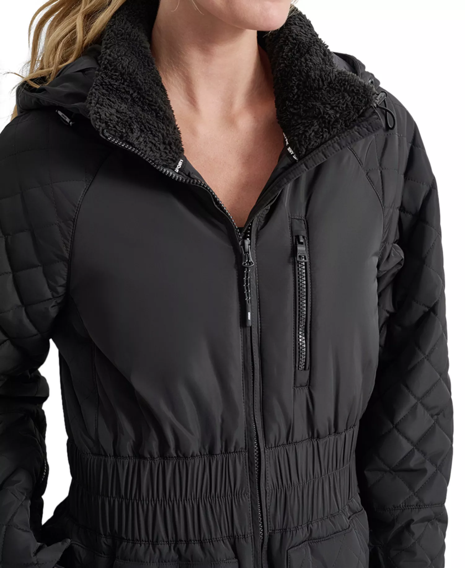 Women's Quilted Elastic-Waist Hooded Zipper Jacket - Black - L