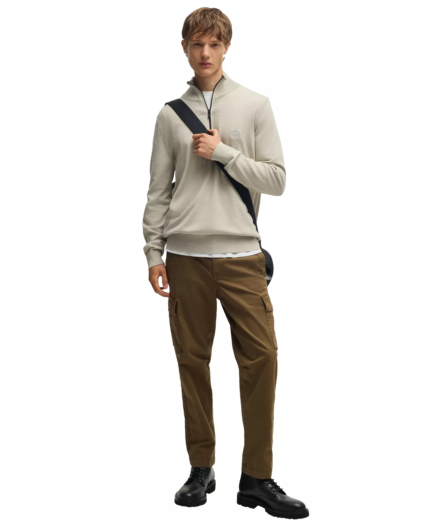 Men's Logo Patch Zip-Neck Sweater - Open Beige - M