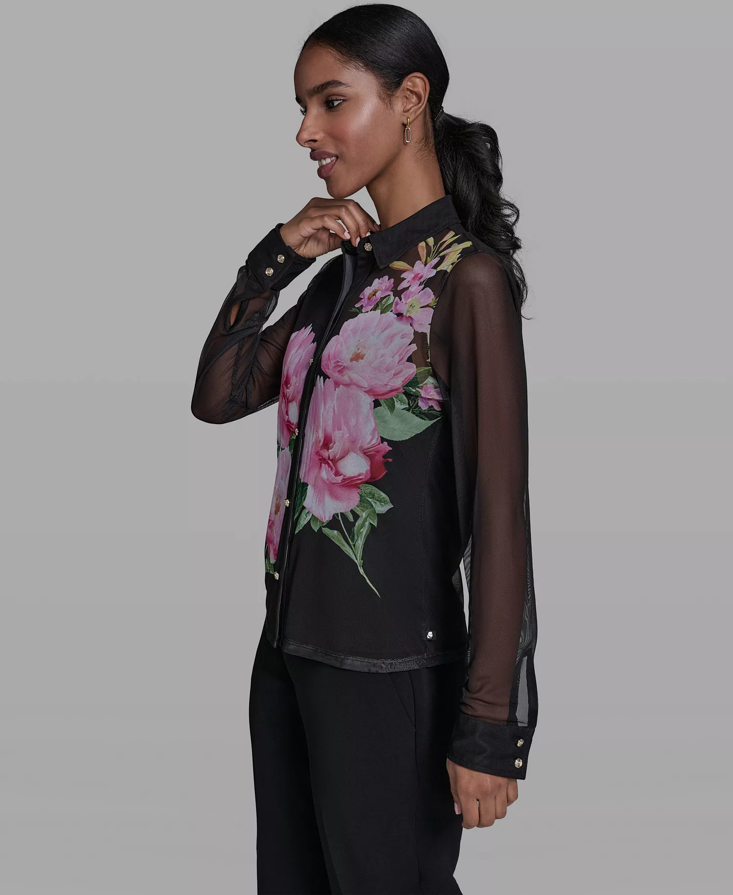 Women's Placed Floral Mesh Collared Shirt - Black - L