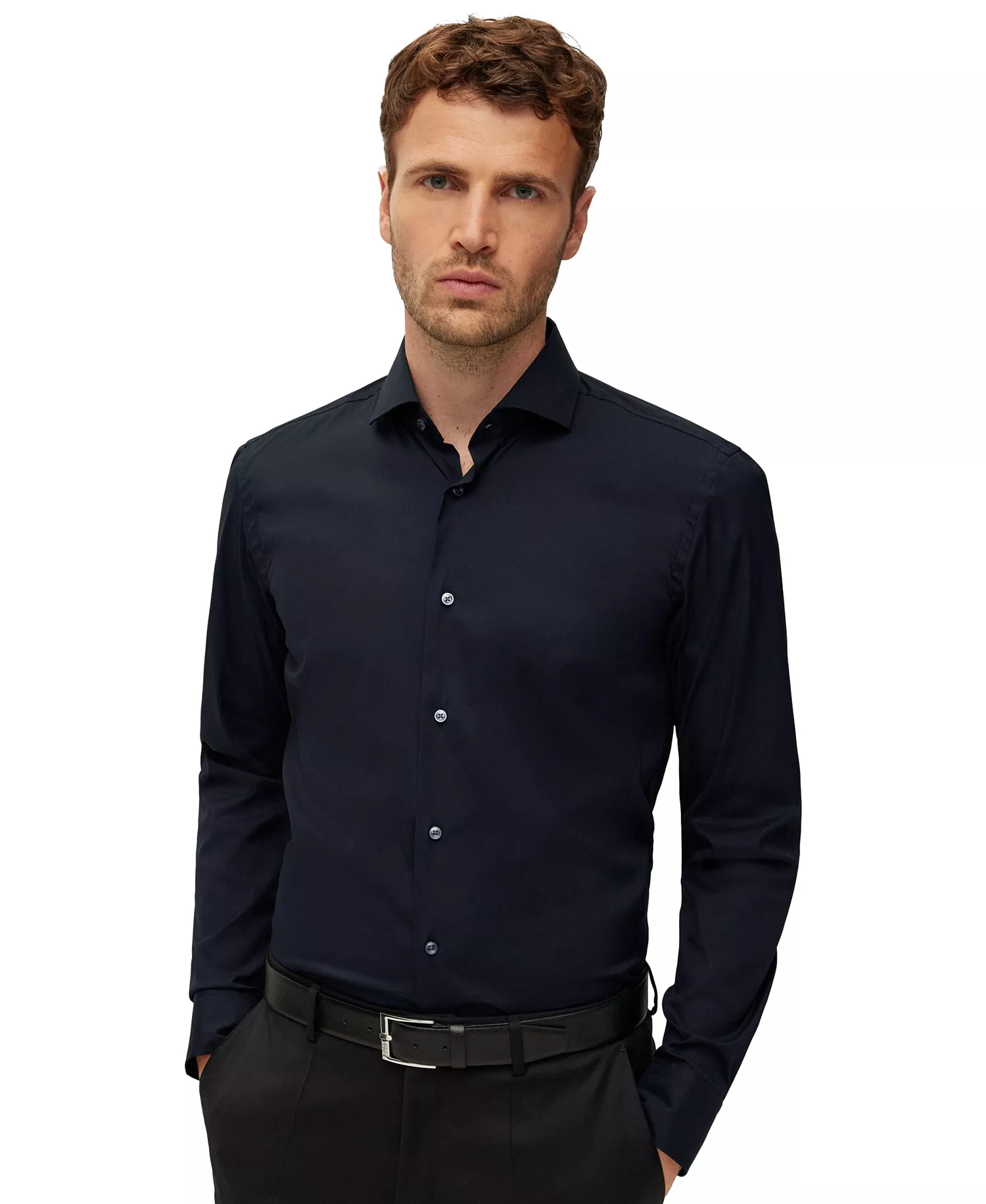 Men's Slim-Fit Easy-Iron Dress Shirt - Black - 14.5