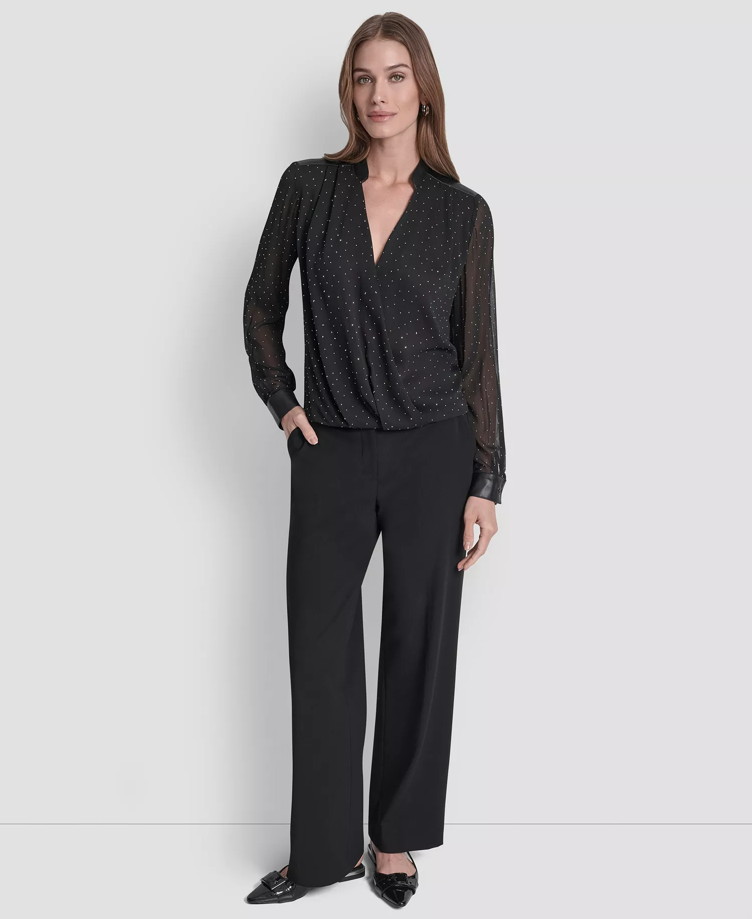 Women's Embellished Surplice Neck Top - Black - S