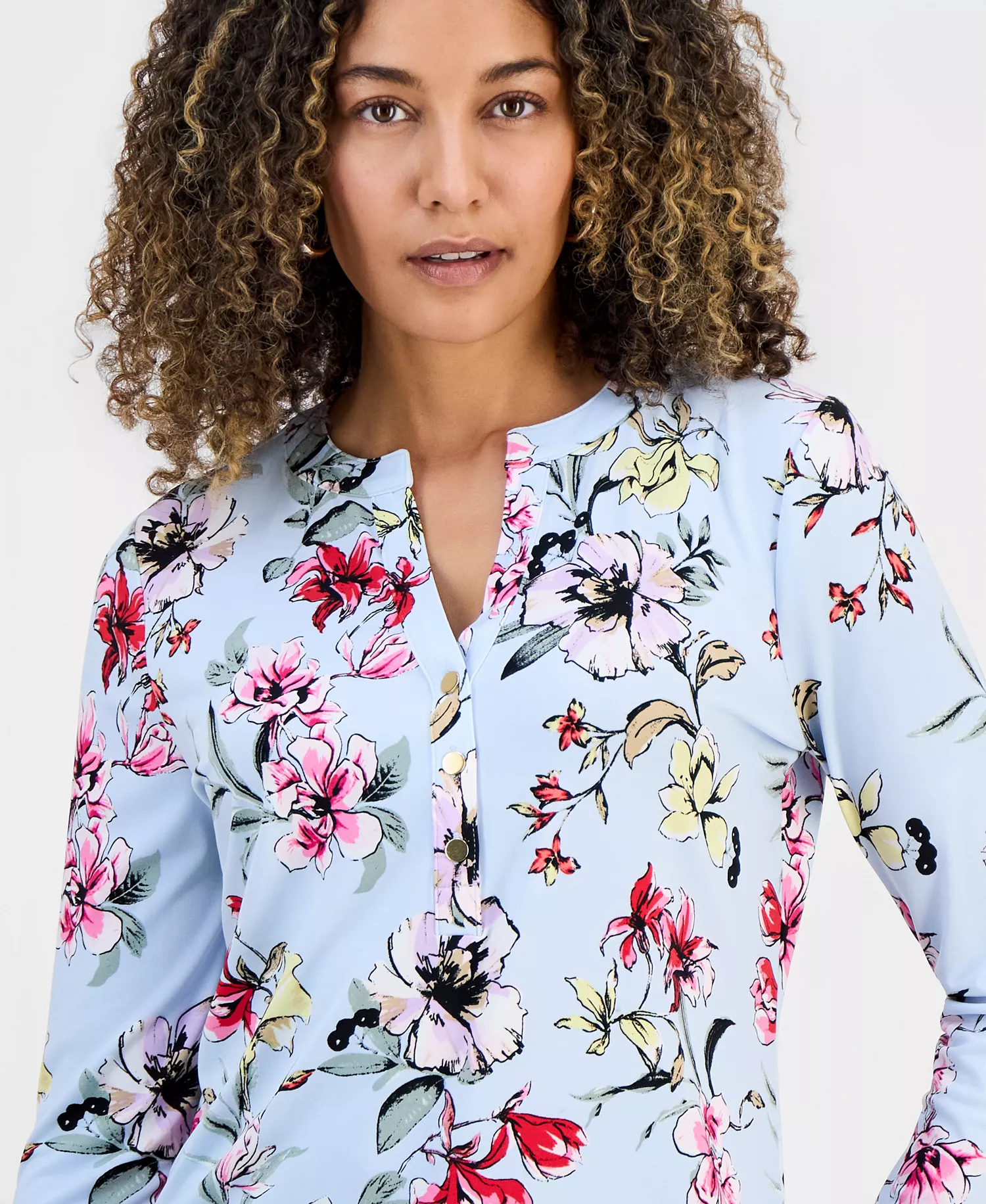 Petite Floral-Print Henley Top, Macy's Exclusive - Dara Bloom - P/L