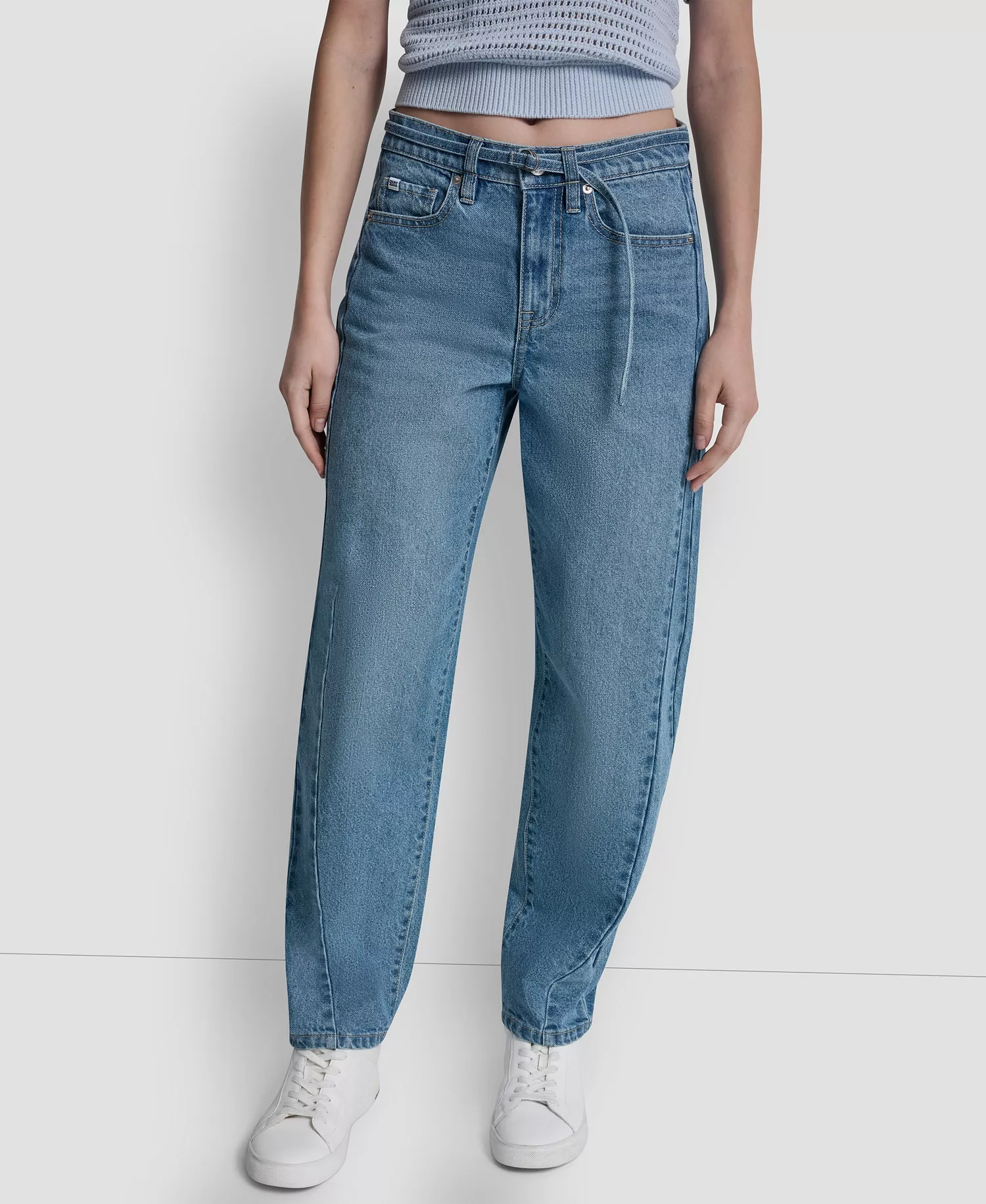 Women's Mid-Rise Forward Seamed Barrel Jeans With Self Belt - Waterford - 24