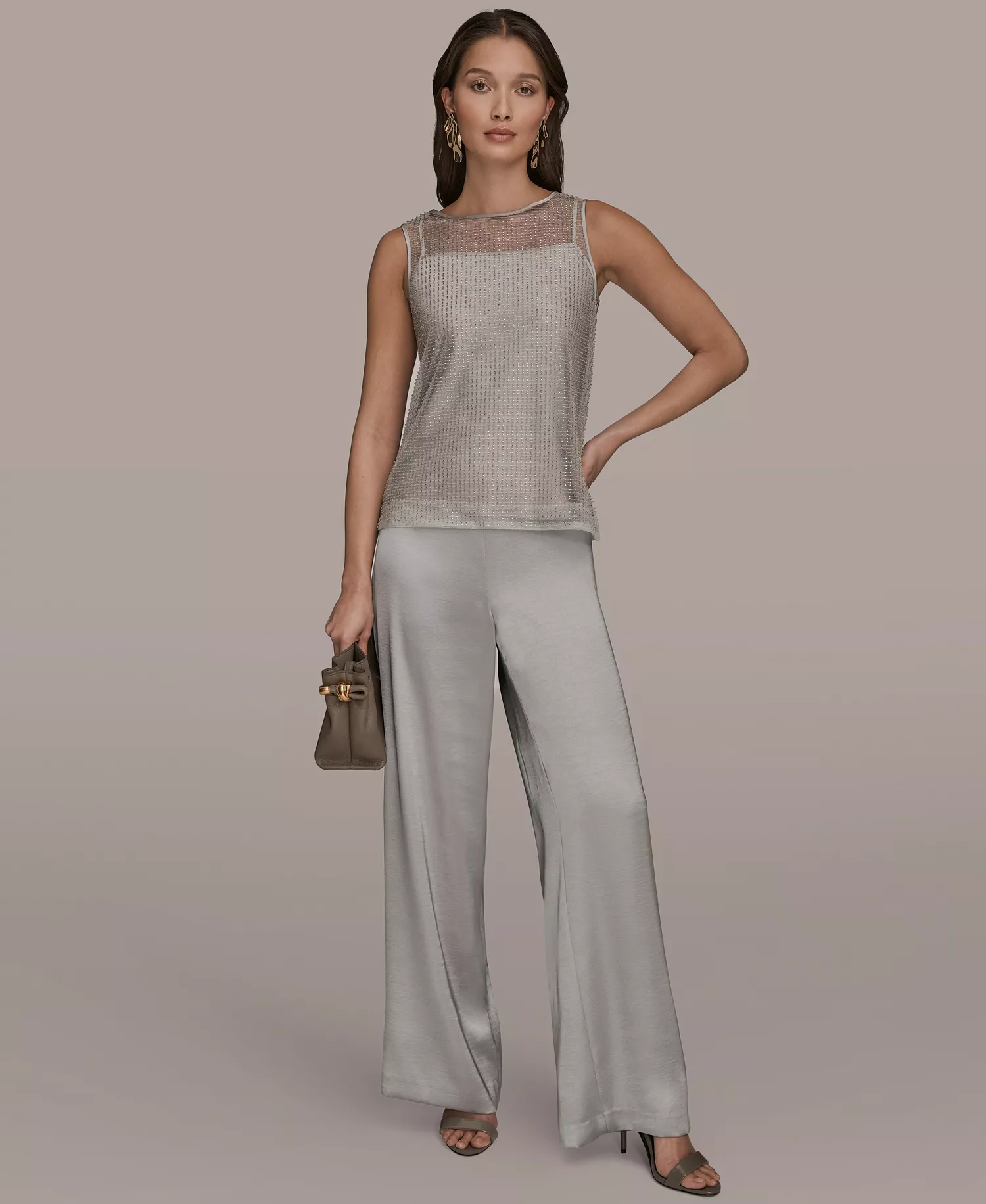 Women's Metallic Belted Sleeveless Vest, Beaded Top, and Wide-Leg Pants - Silver/white - L