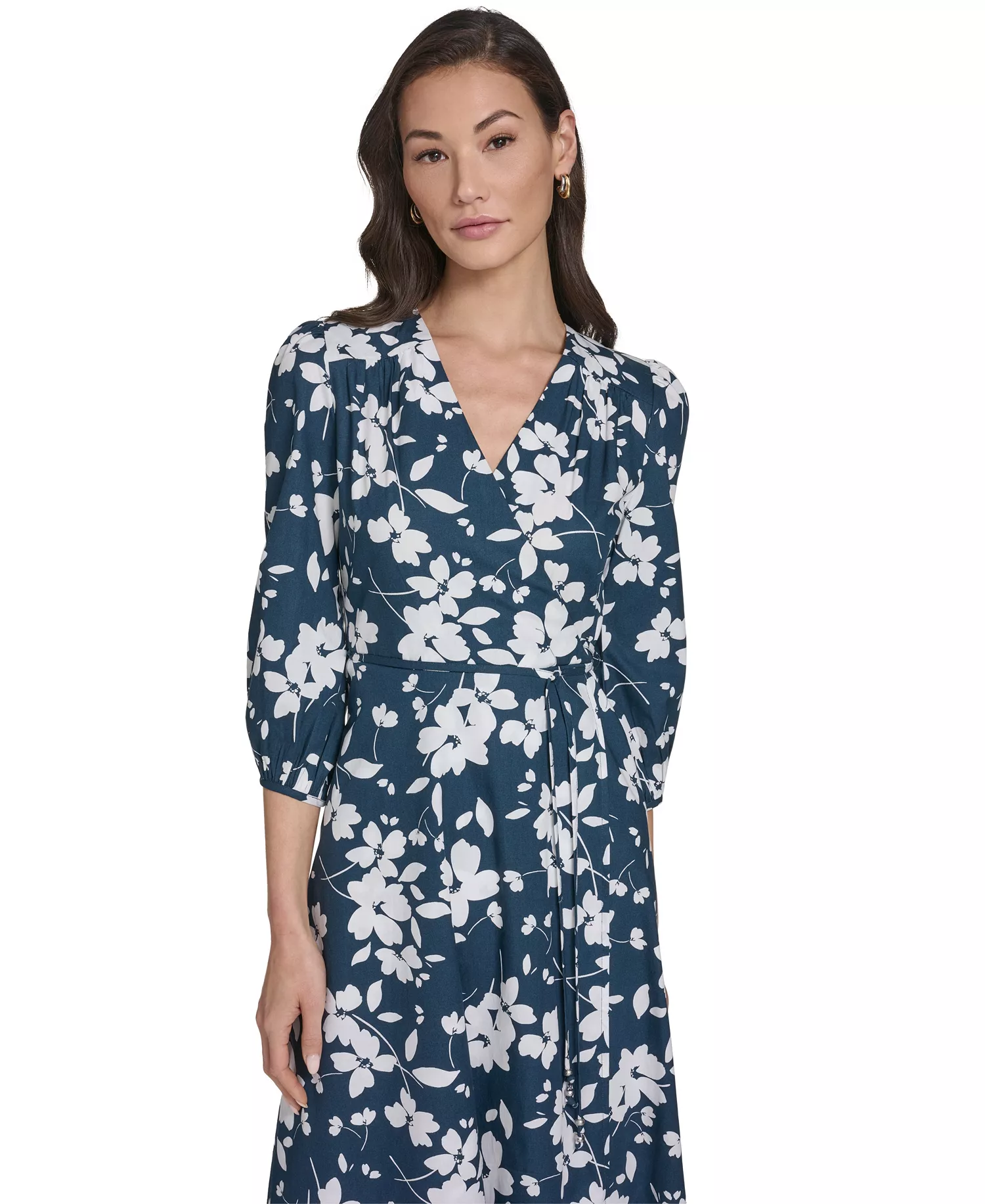 Women's Faux Wrap V-Neck Midi Dress - Indigo Cream - 10