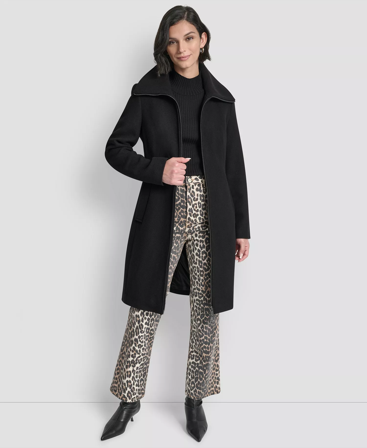 Women's Collared Neck Belted Coat - Black - L