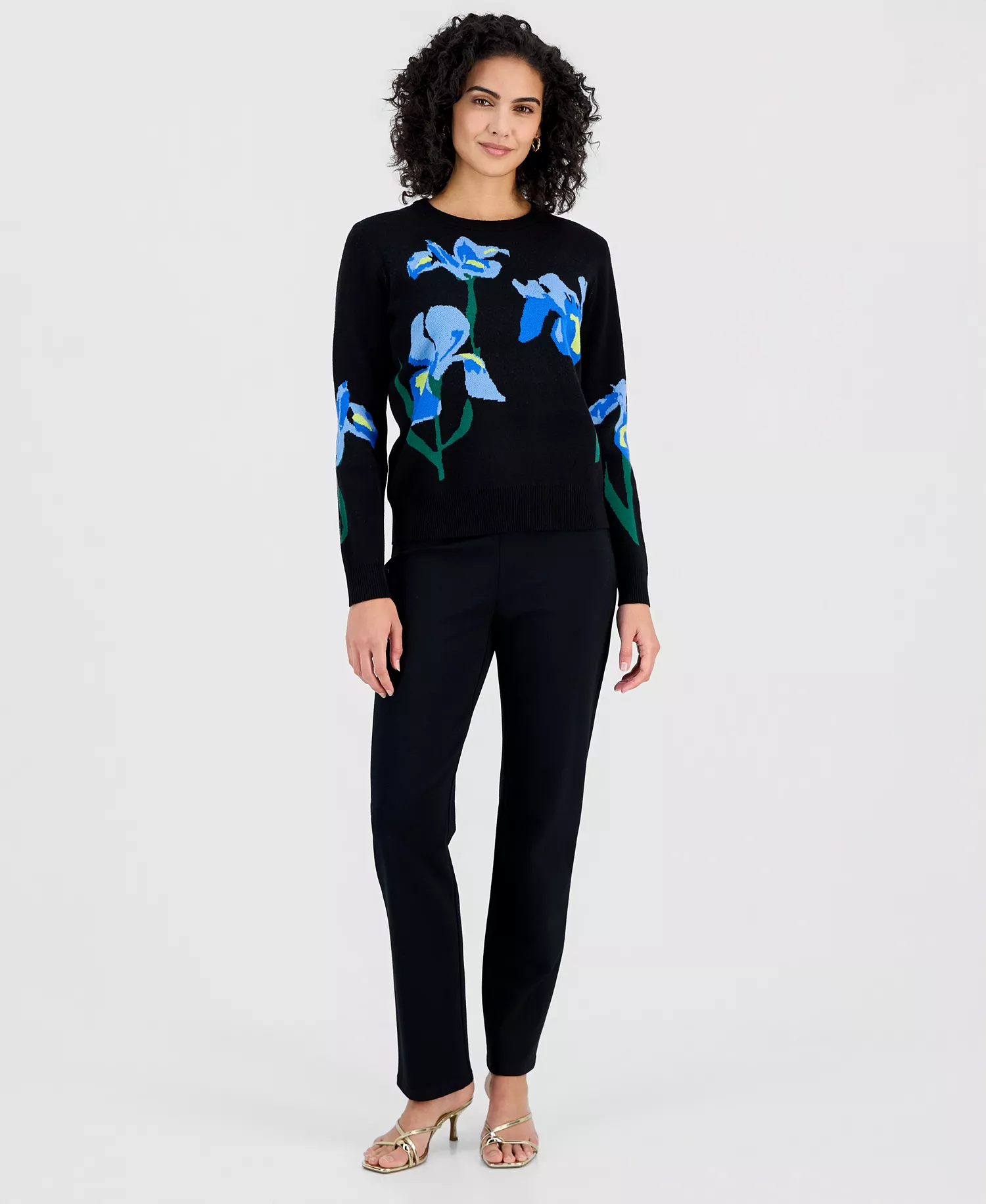 Women's Flower Jacquard Crewneck Sweater - Black Blue - L