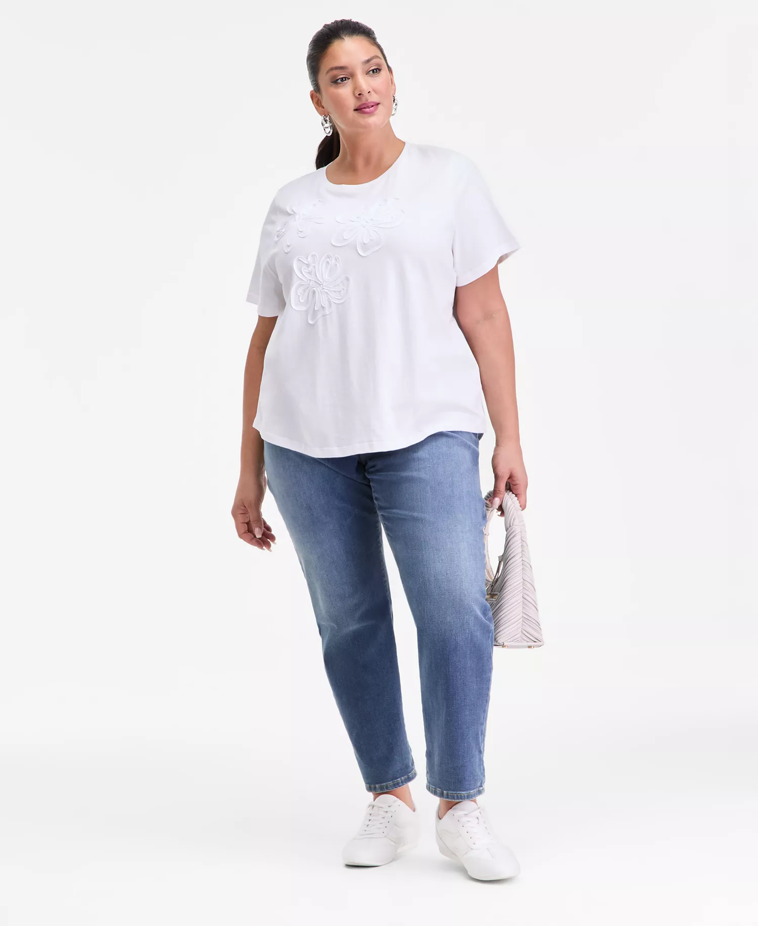 Plus Size Cotton Floral-Soutache Top, Macy's Exclusive - Bright White - 0X