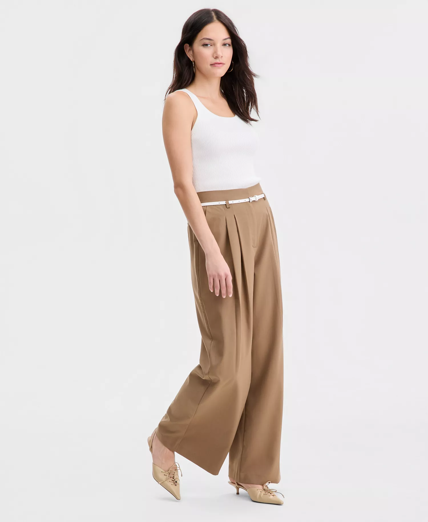 Women's Belted Pleated Wide-Leg Trousers, Macy's Exclusive - Tawny - L