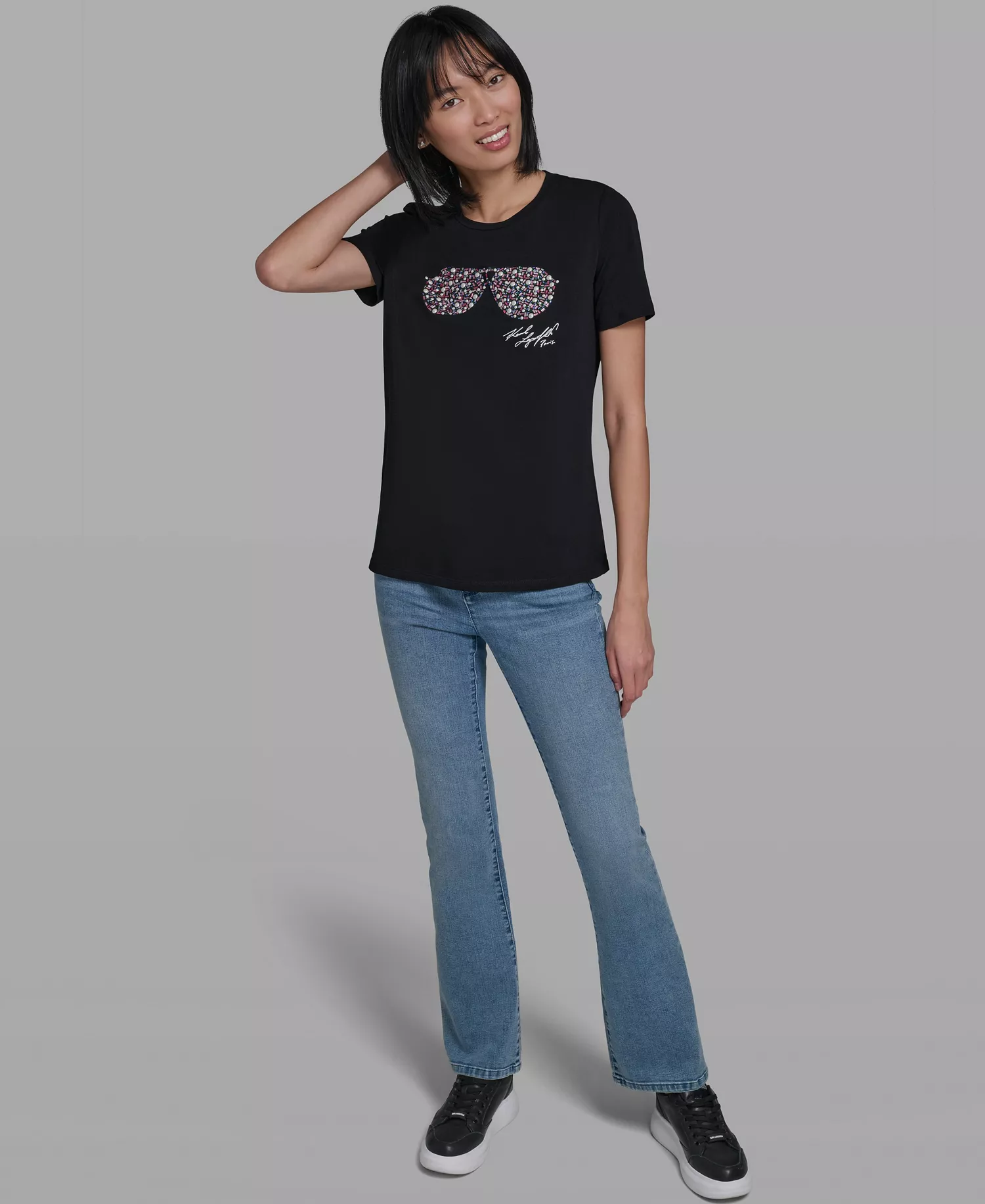 Women's Crew Neck Multi Jeweled Sunglass T-Shirt - Black - L