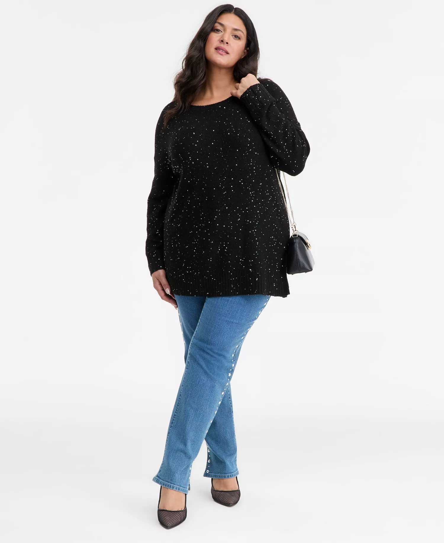 Plus Size Roving Sequin Boat-Neck Tunic Sweater, Macy's Exclusive  - Deep Black - 0X