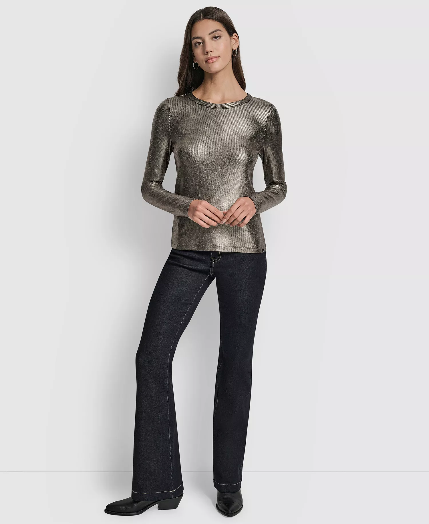 Women's Foil Rib Crewneck Long Sleeve Top - Black/Gunmetal - L