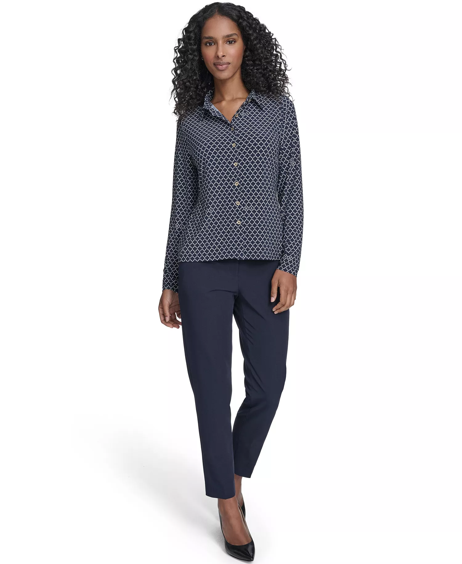Women's Long Sleeve Clover Button-Up Top - Midnight/ Whitecap - L