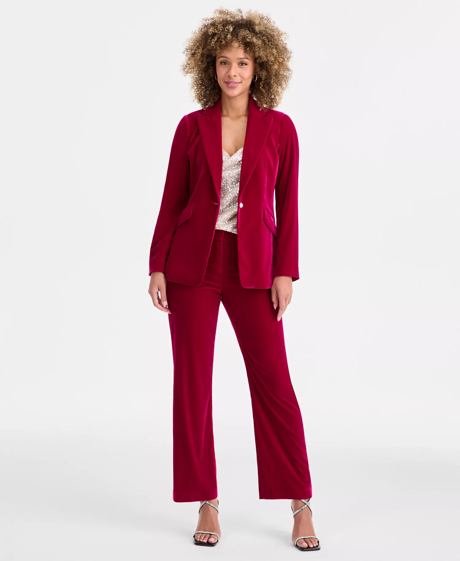 Women's Velvet Blazer, Sequined Top & Velvet Pants - Magenta - 10