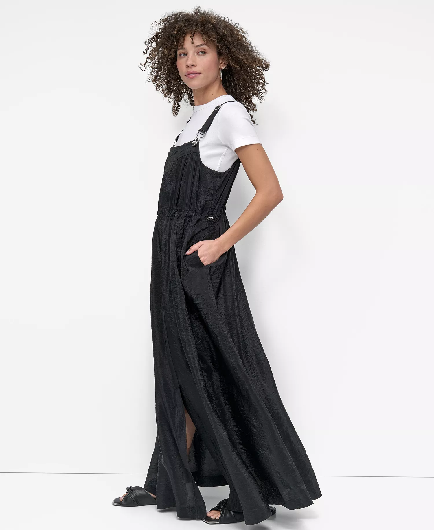 Women's Drawstring Adjustable Shoulder Overall Dress - Black - L