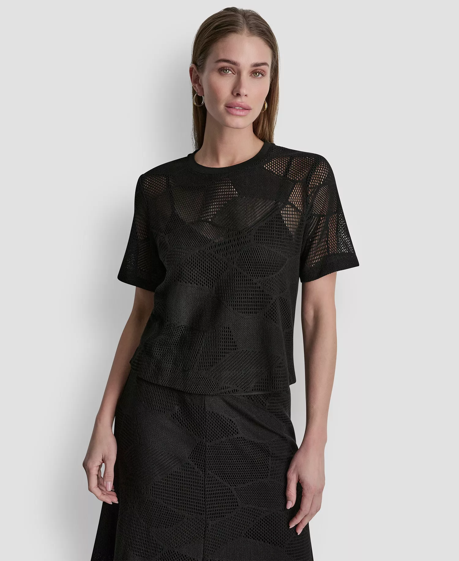 Women's Crewneck Short-Sleeve Croton Lace Top - Black - L