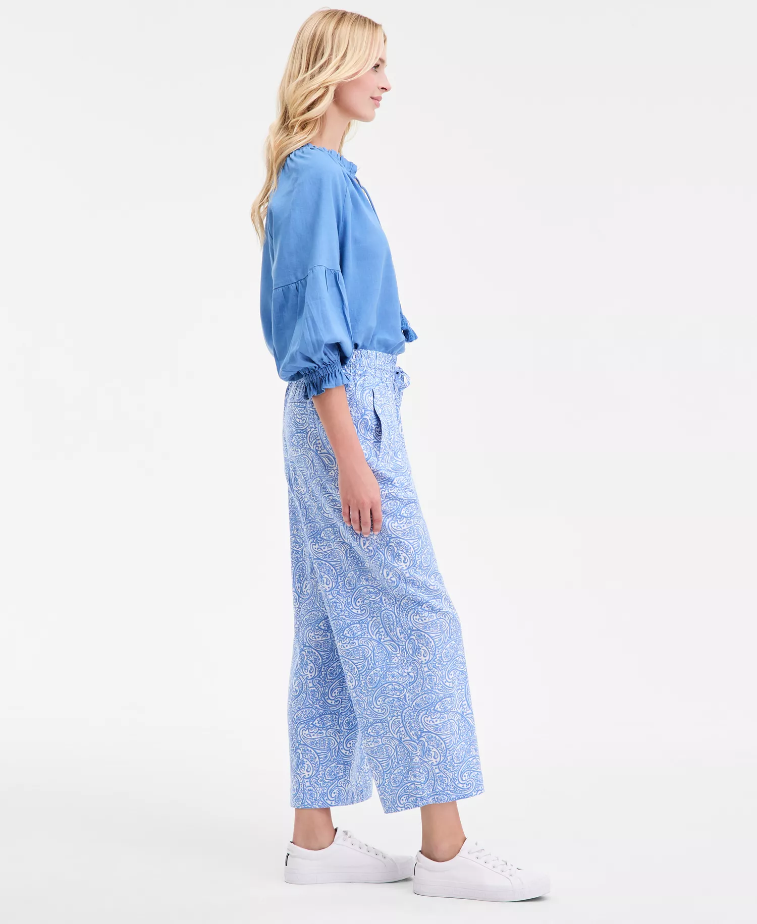 Nautica Women's Printed Linen-Blend Drawstring Pants - Blue Haze Multi - L