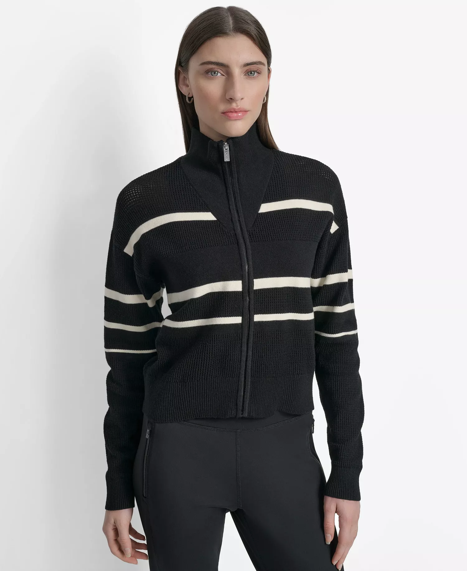 Women's Open Stitch Full Zip Stripe Jacket - Black/ Eggnog - L