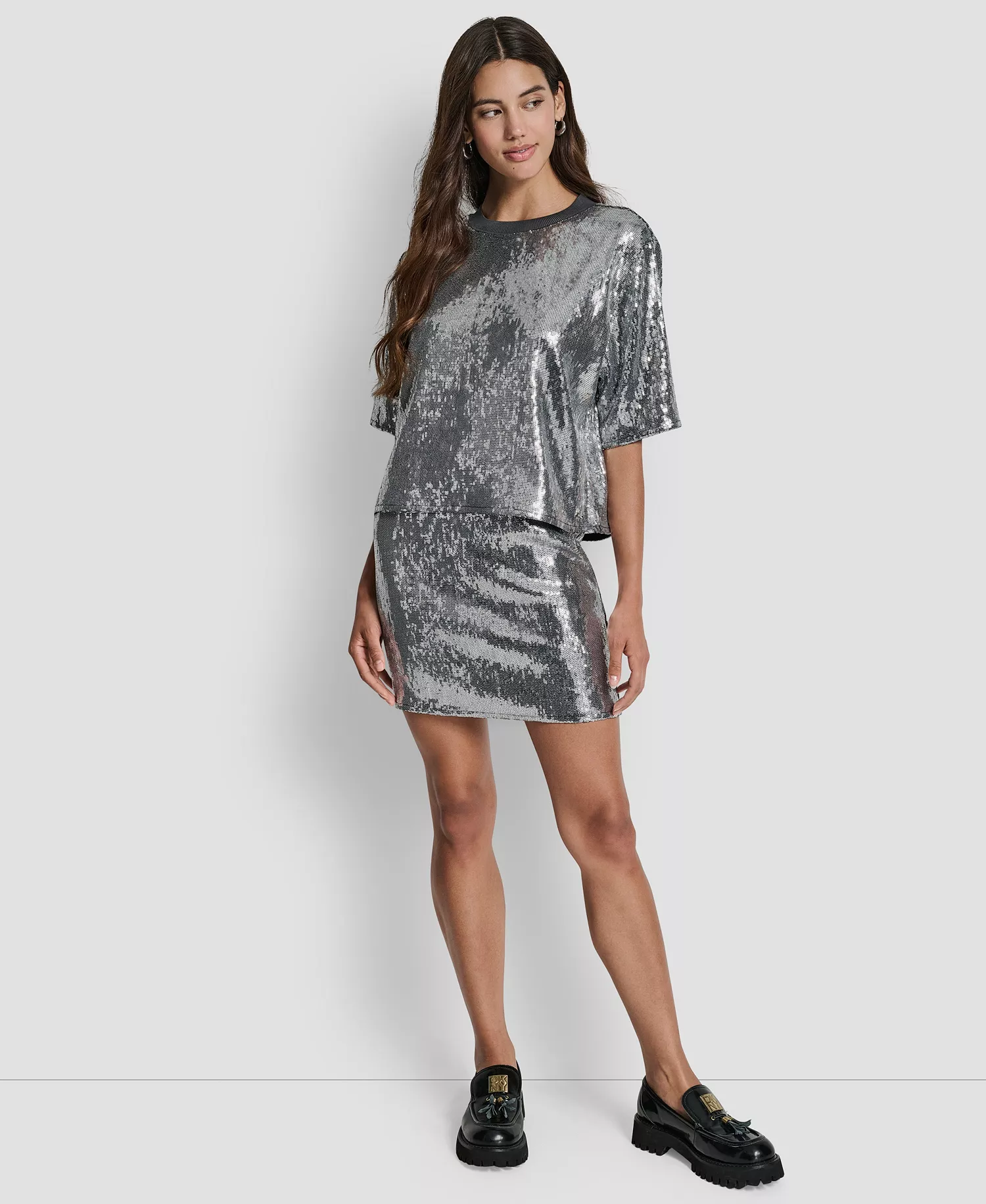 Women's Sequins Crewneck Boxy Short-Sleeve Relaxed T-Shirt - Black/Silver - L