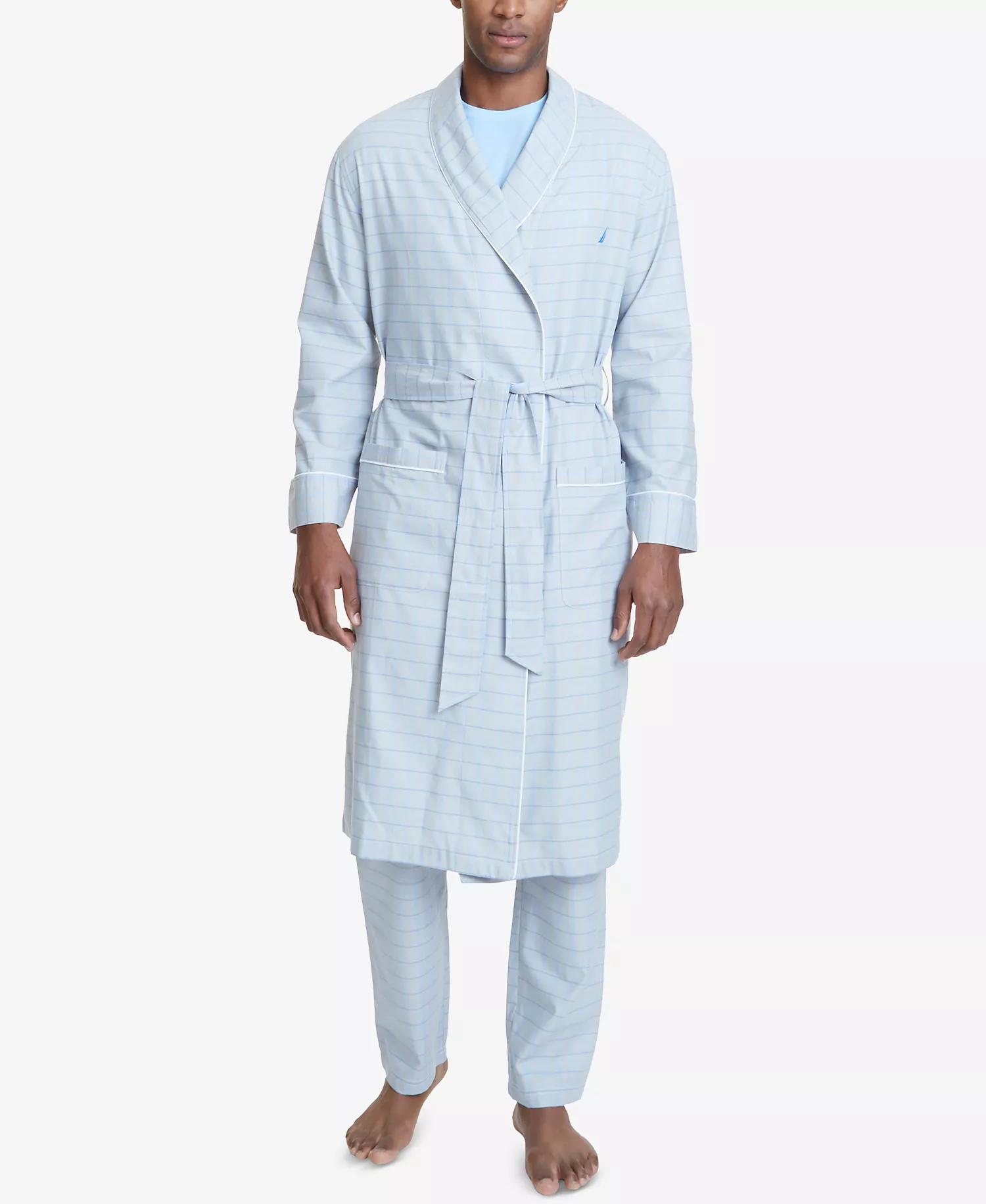 Men's Windowpane Plaid Cotton Robe  - Light Blue - L/XL
