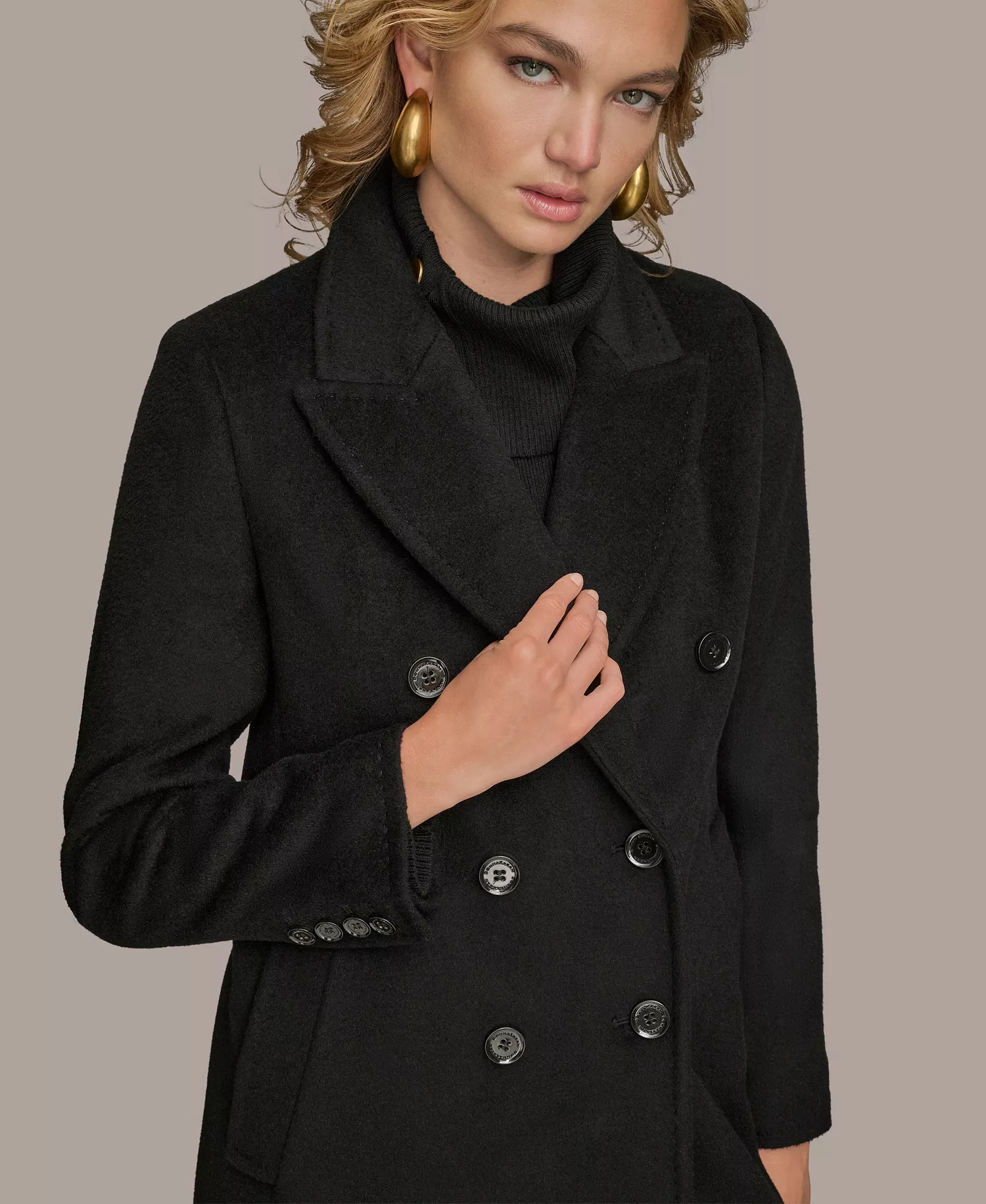 Women's Double-Breasted Reefer Coat - Black - L