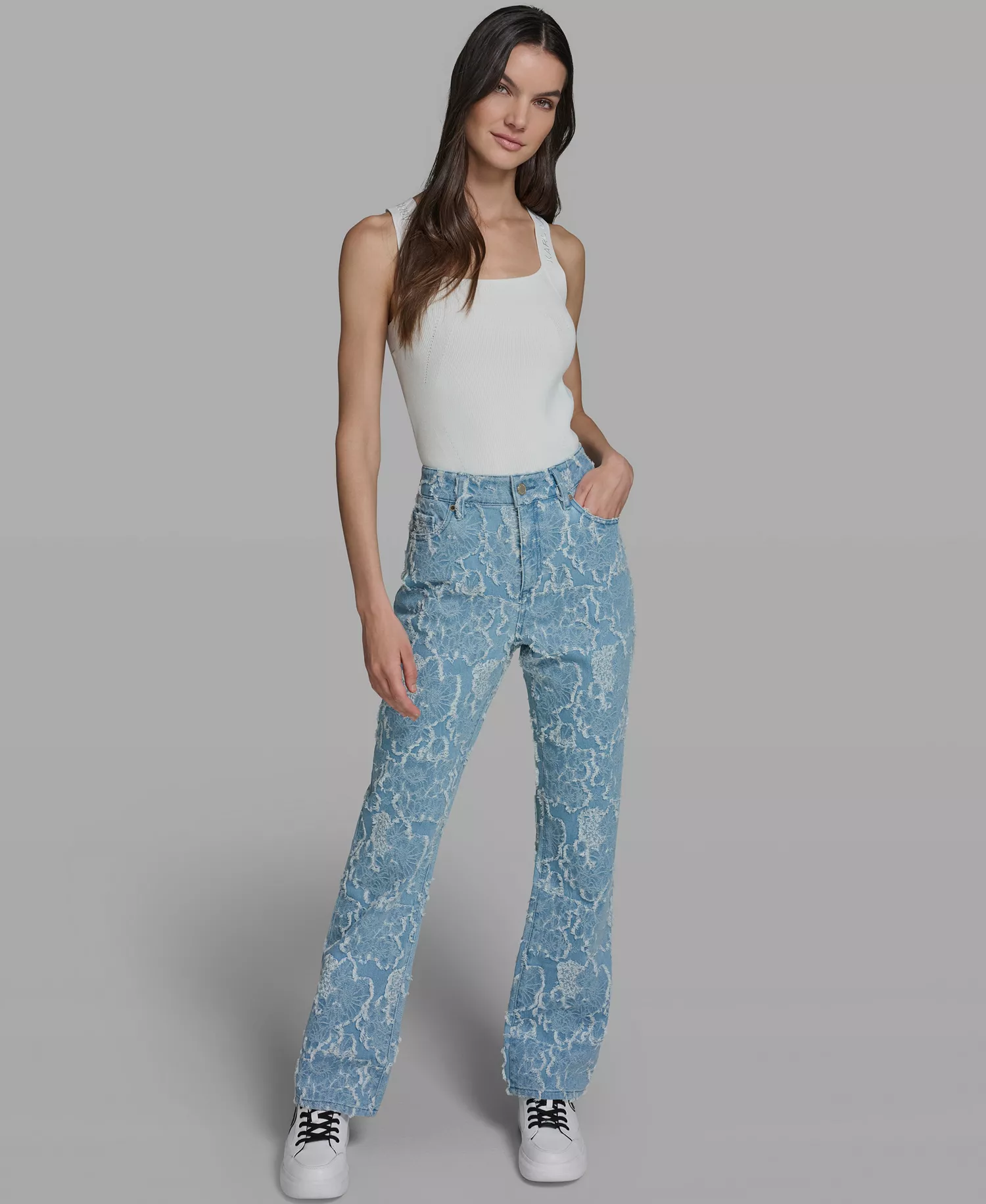 Women's Straight Floral Print Denim Pants - Sky Blue - 0