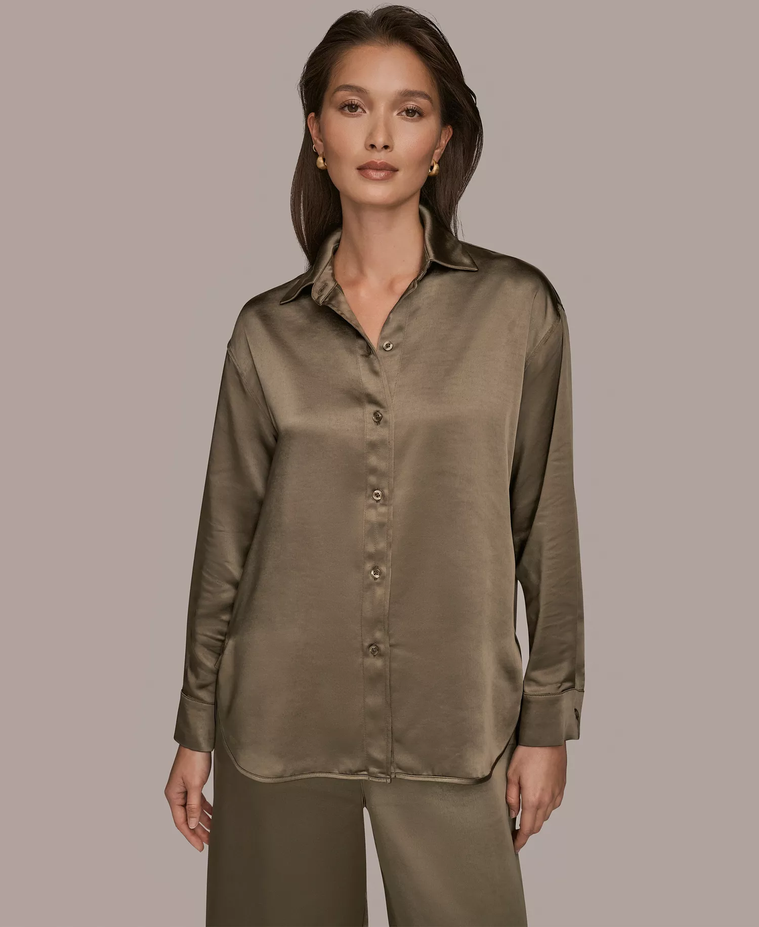 Women's Satin Button-Down Shirt - Khaki Green - L