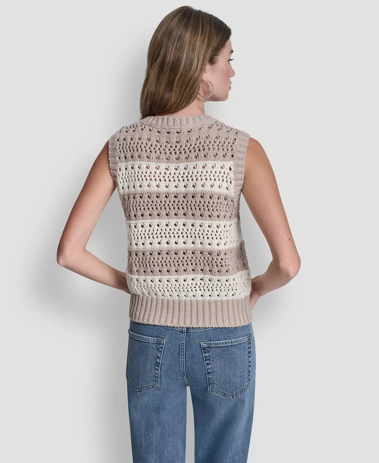 Women's Crew Neck Striped Pointelle Stitch Sweater - Pebble Ivory Black - L