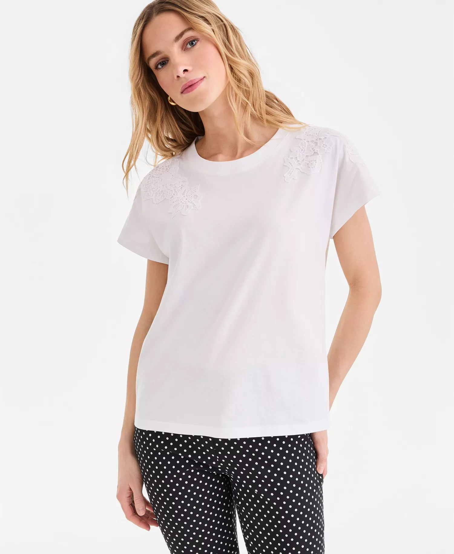 Women's Lace-Trim Cotton T-Shirt, Macy's Exclusive - Bright White - L