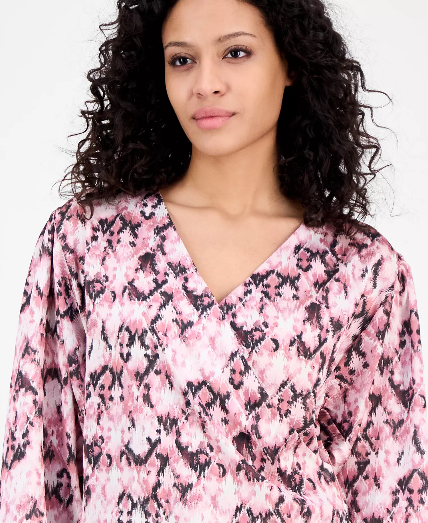 Women's Printed Long-Sleeve V-Neck Blouse - Pink Aztec - M