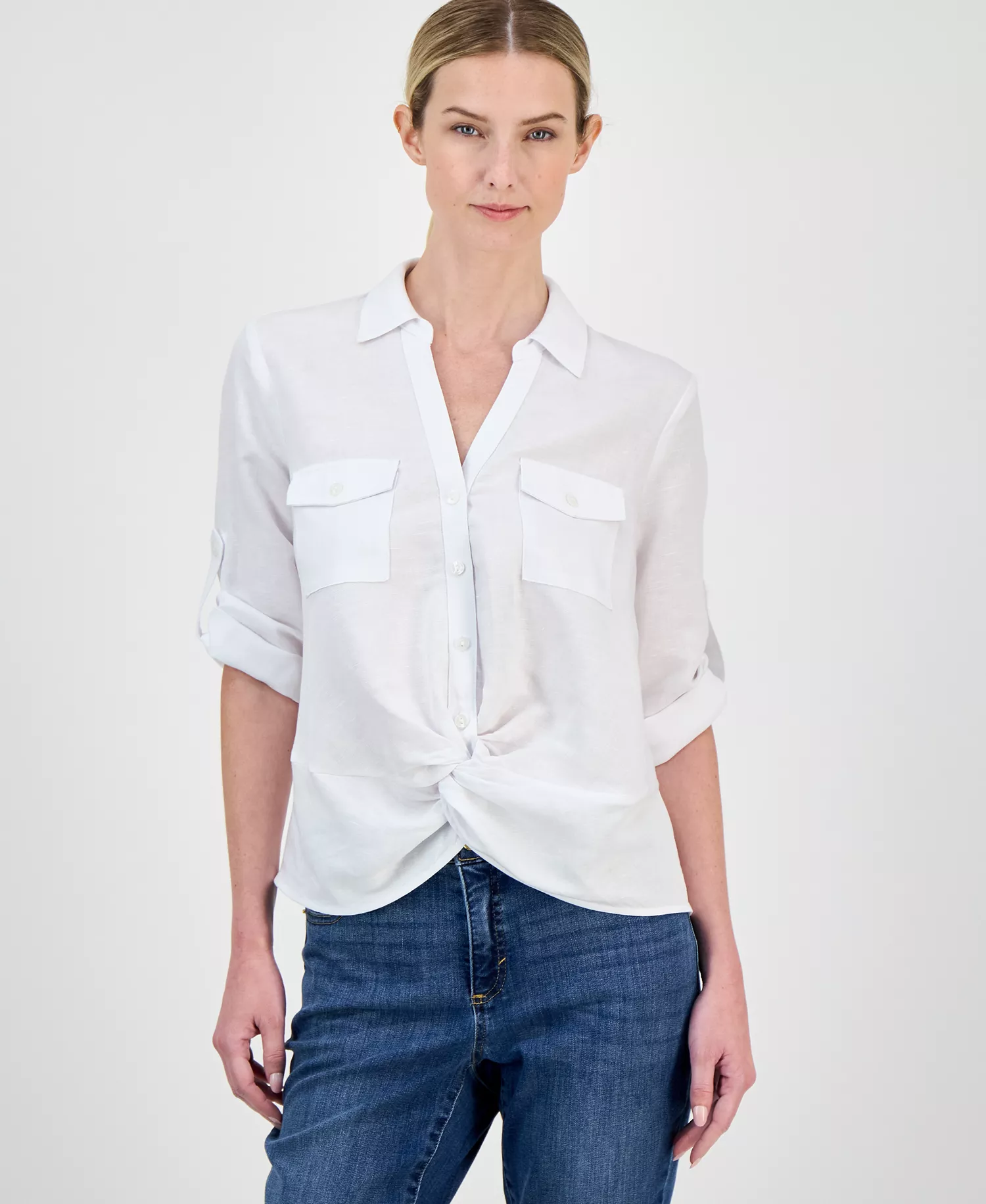 Women's Linen Twist-Hem Blouse, Created for Macy's - Bright White - L