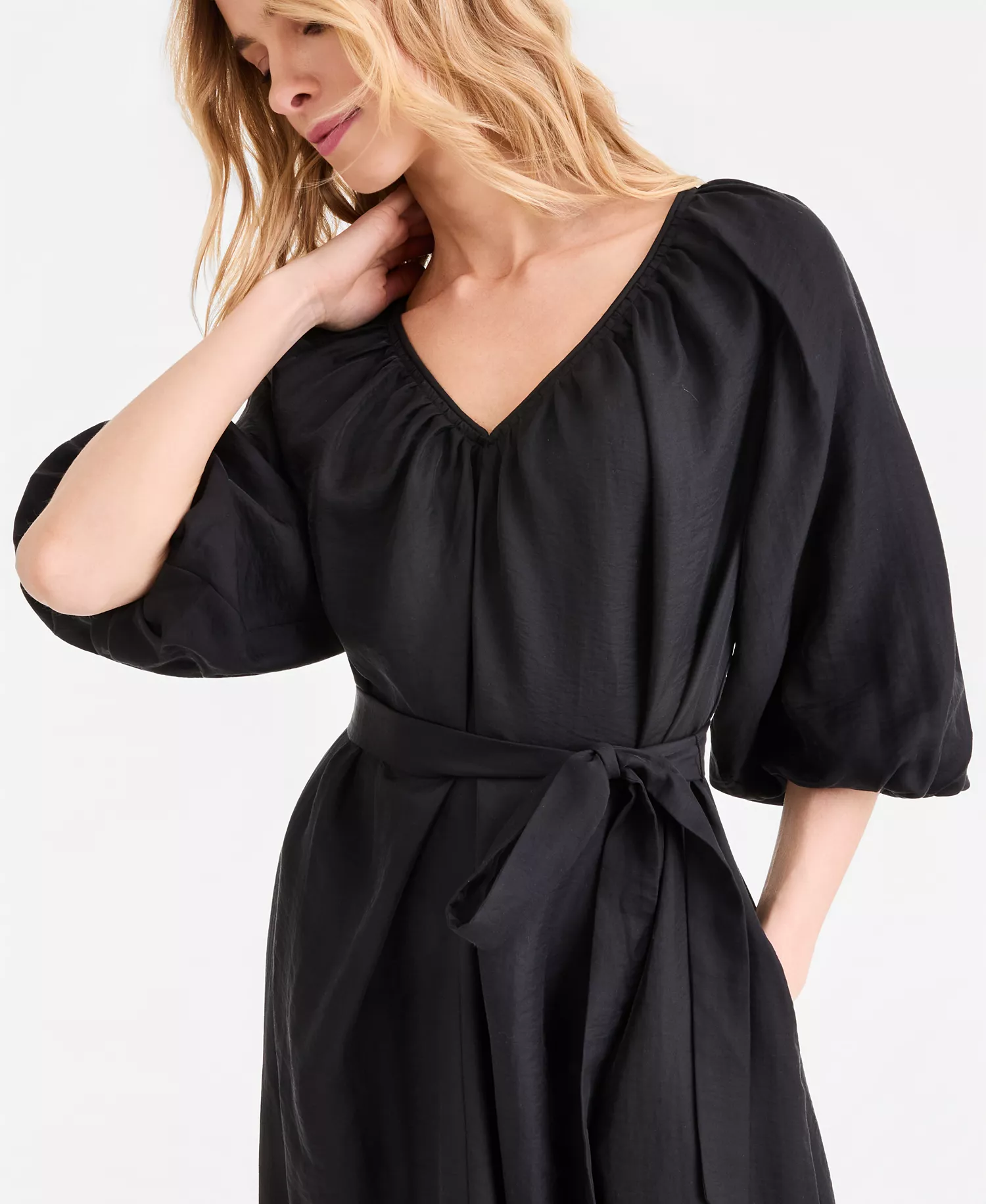 Women's 3/4 Sleeve Tie-Waist Midi Dress, Macy's Exclusive - Deep Black - L
