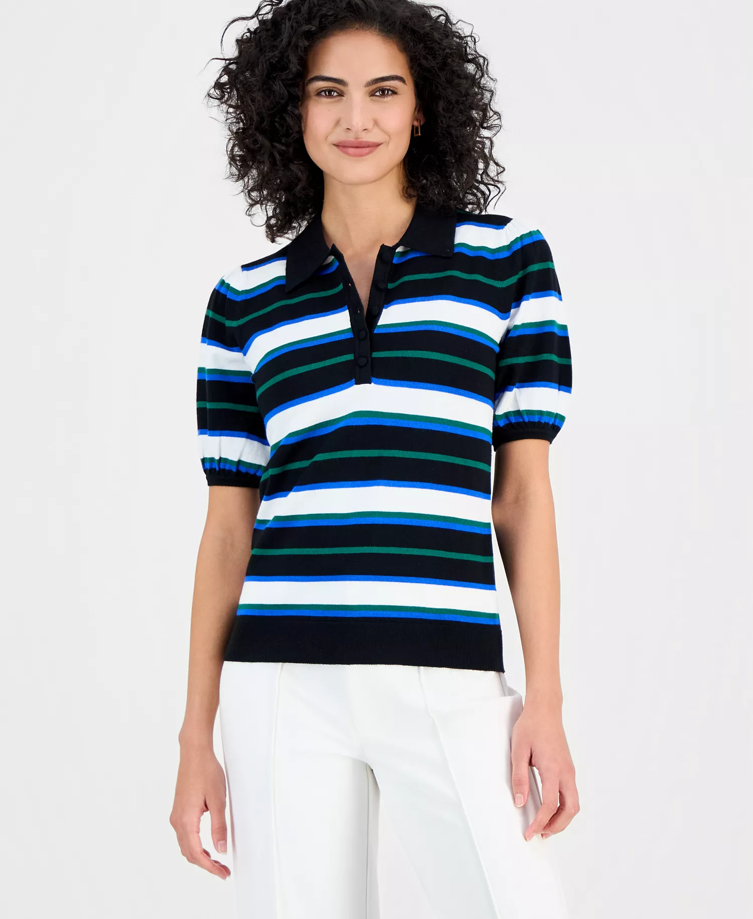 Women's Striped Elbow-Sleeve Polo Shirt - Bk/twlt Sk - L