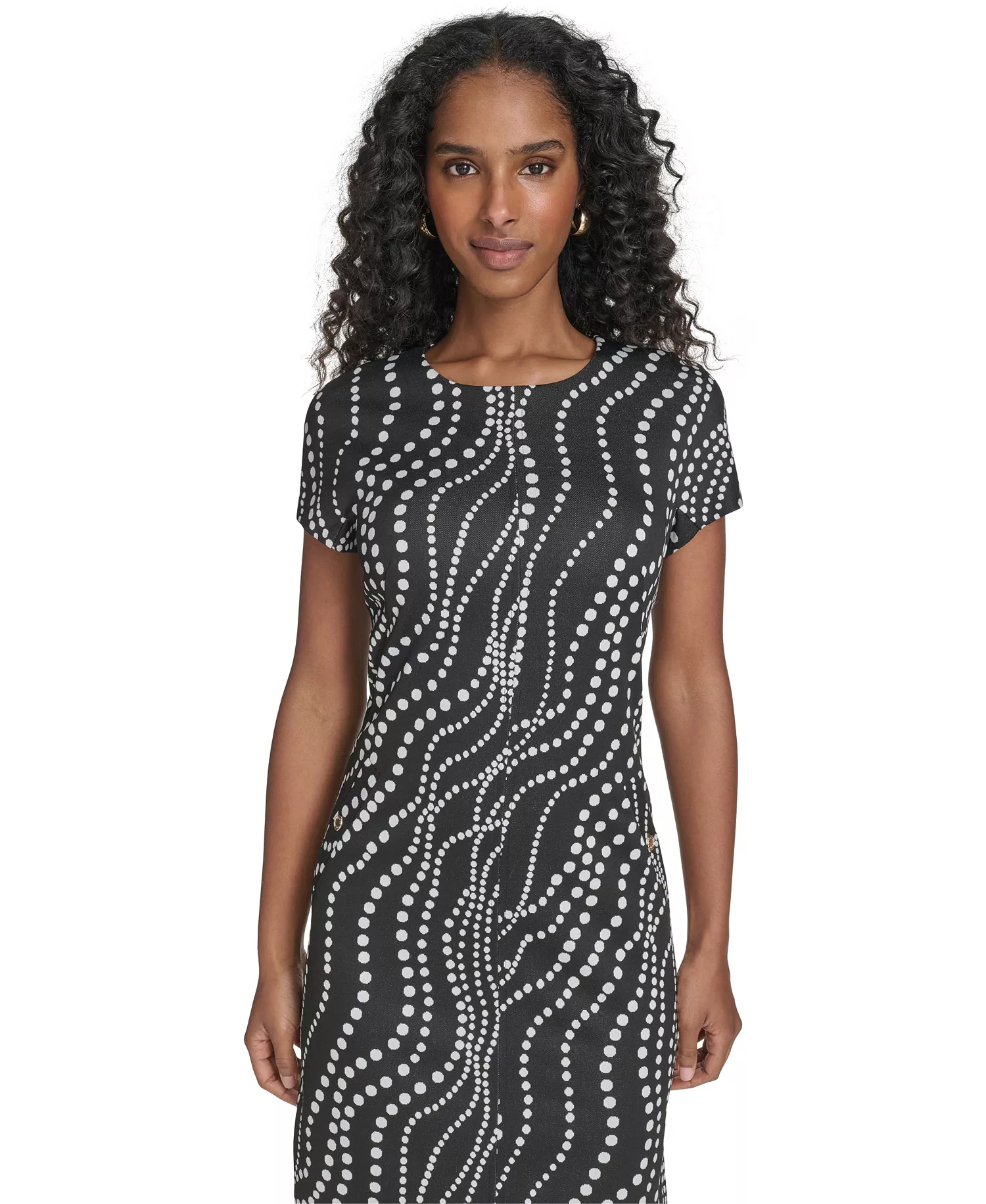 Petite Printed Short-Sleeve Dress - Black/Ivory - 10P