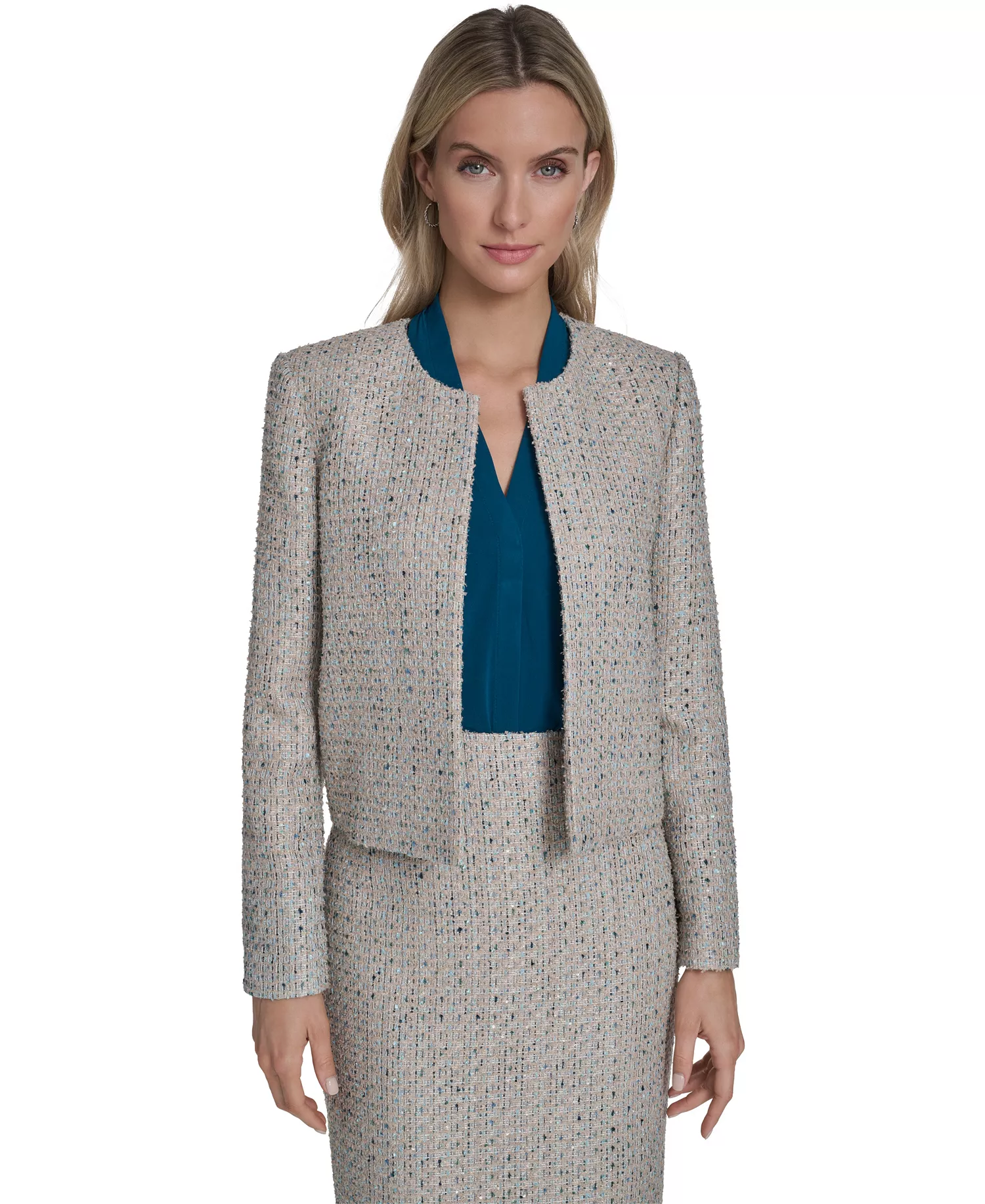 Women's Tweed Open-Front Jacket - Latte Multi - 10