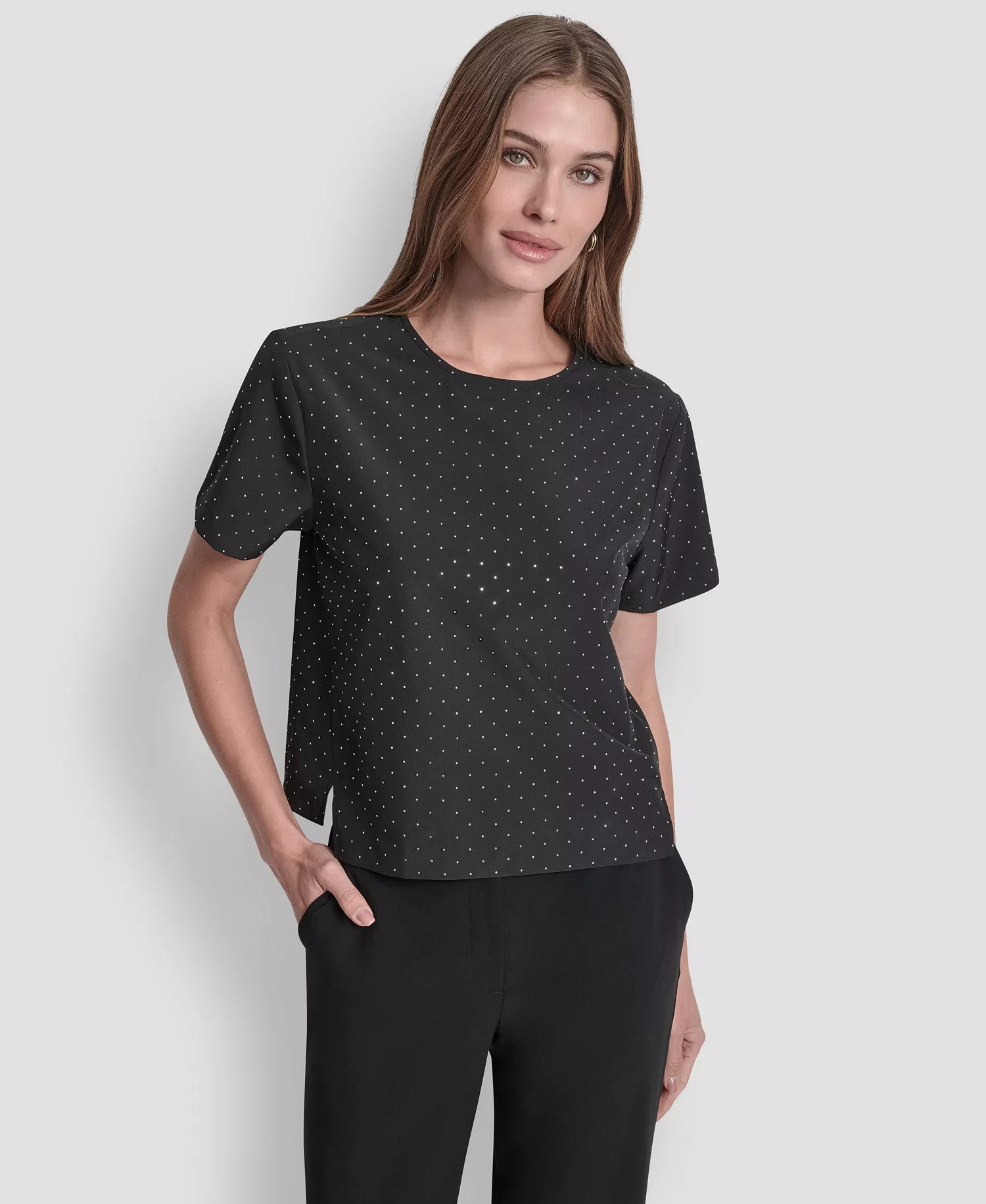 Women's Crewneck Short Sleeves Top - Black/crystal Stones - XL