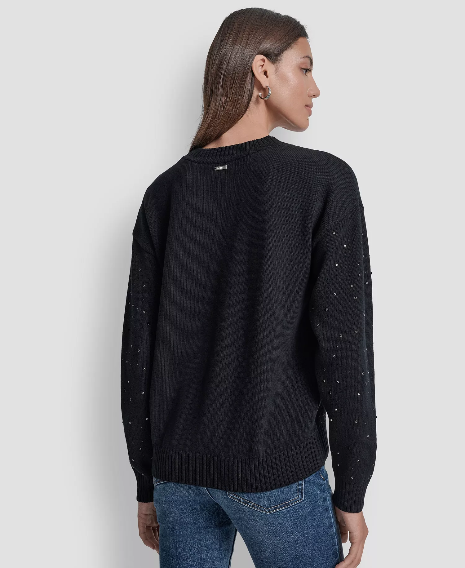 Women's Rhinestone Embellished Crewneck Sweater - Black - S