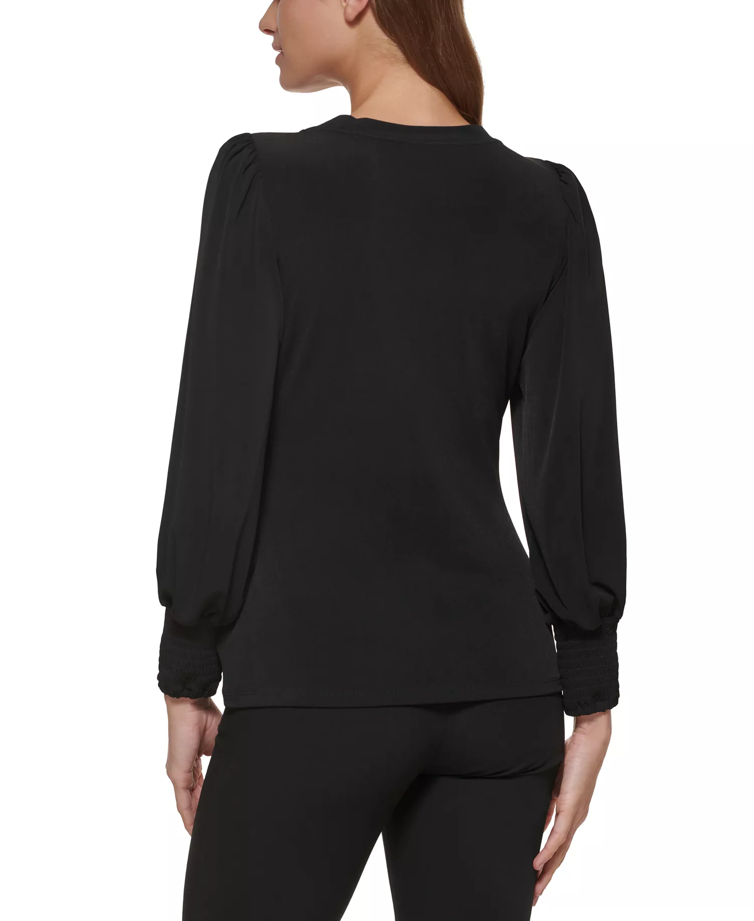 Petite Crewneck Long-Balloon-Sleeve Top - Black - PL
