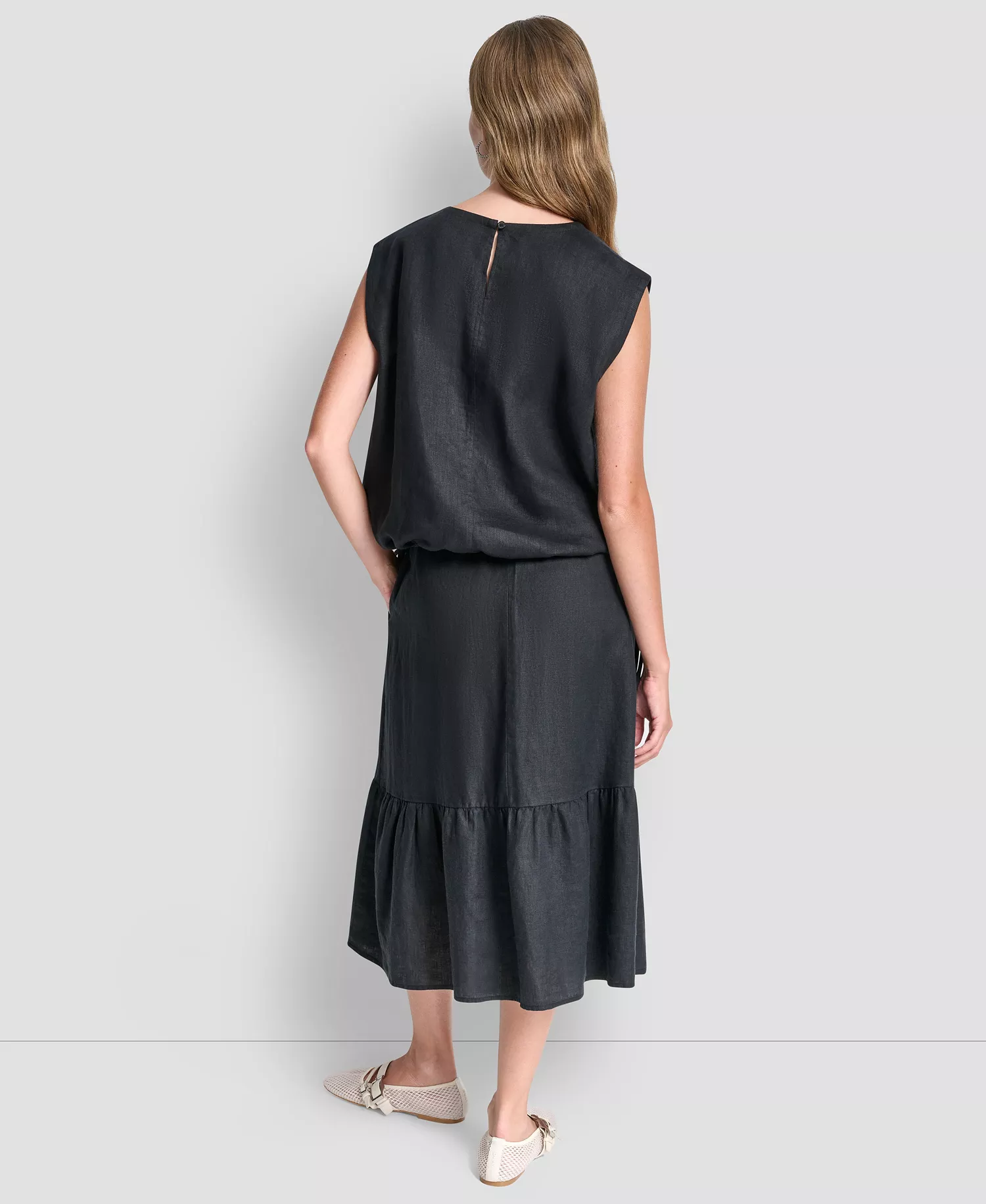 Women's Linen Drawstring Hem Sleeveless Top - Black - L