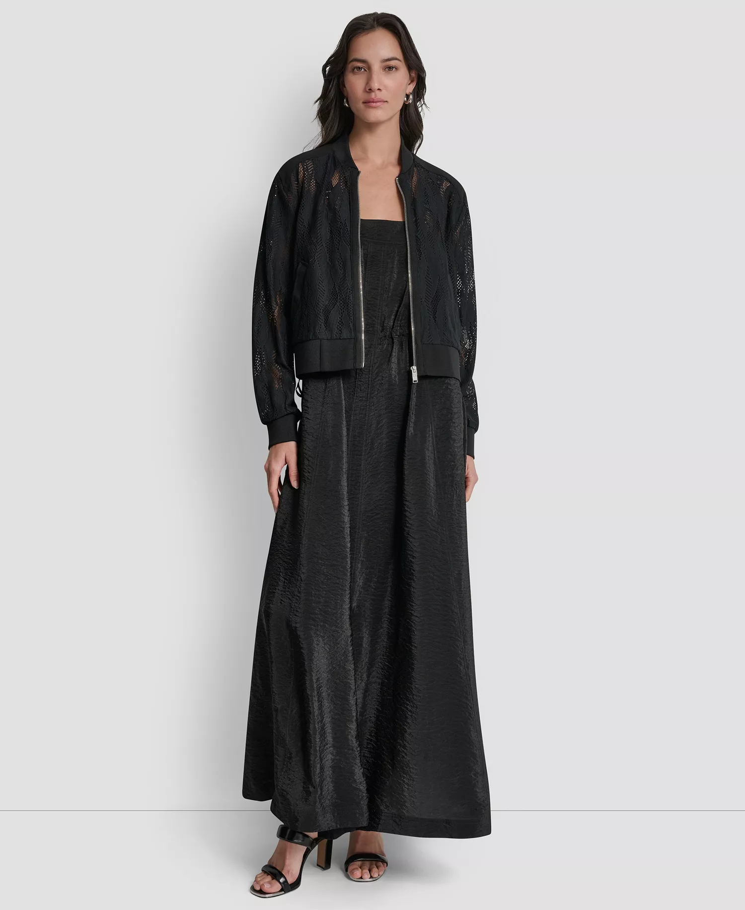 Women's Zip-Front Abstract Lace Zipper Front Jacket - Black - L