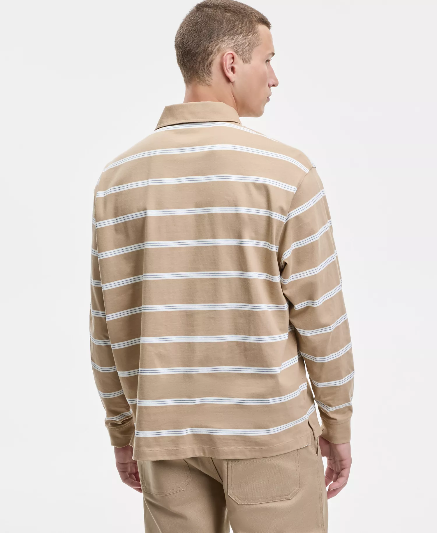 Men's Nolongi Relaxed-Fit Long-Sleeve Striped Polo Shirt - Tan - 2XL