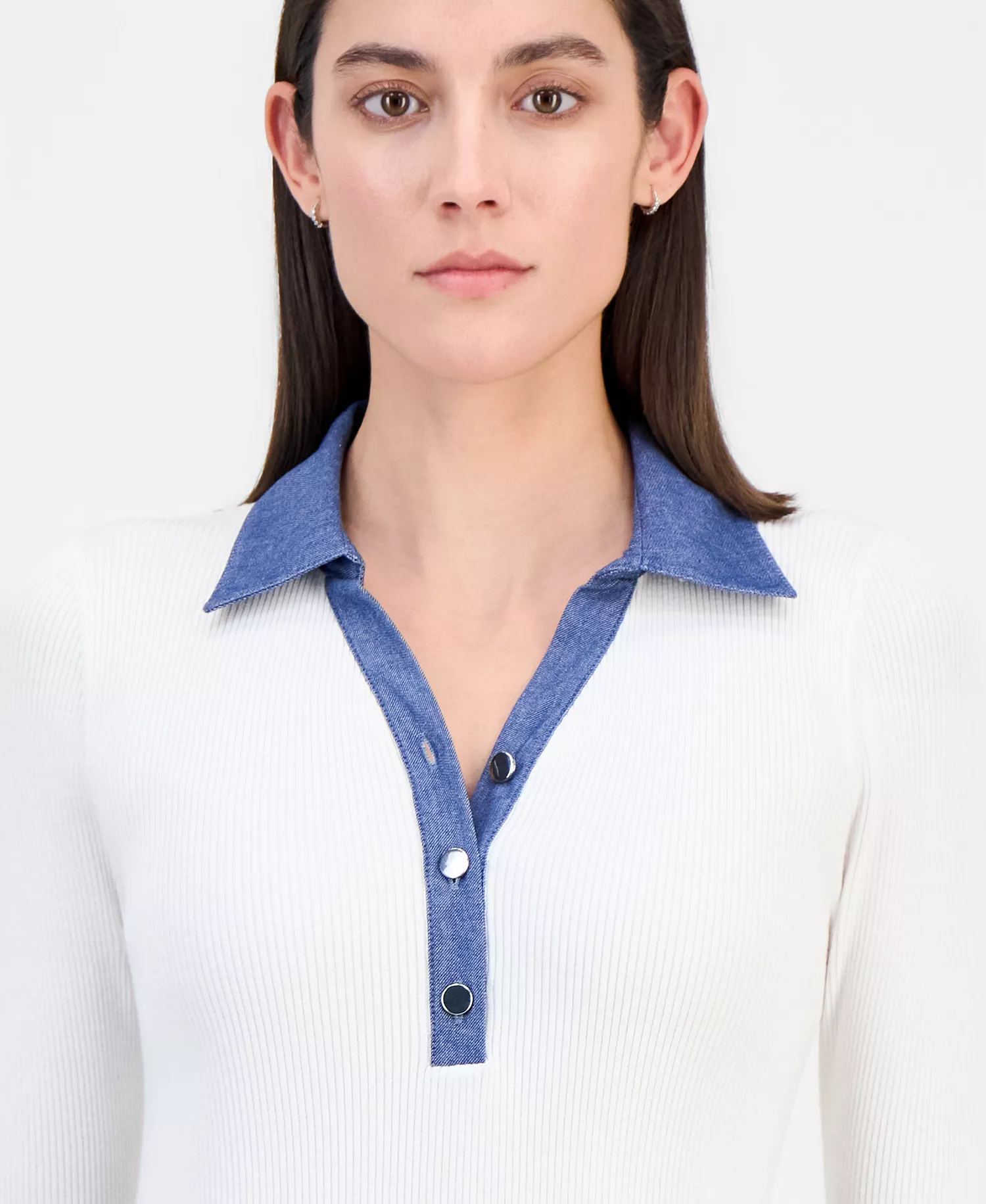 Women's Contrast Collared Ribbed Knit Sweater - White Star - L