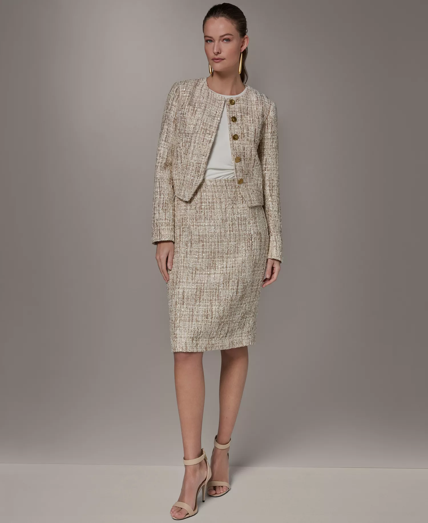 Petite Button-Front Cropped Jacket - Dark Cream Multi - 0P