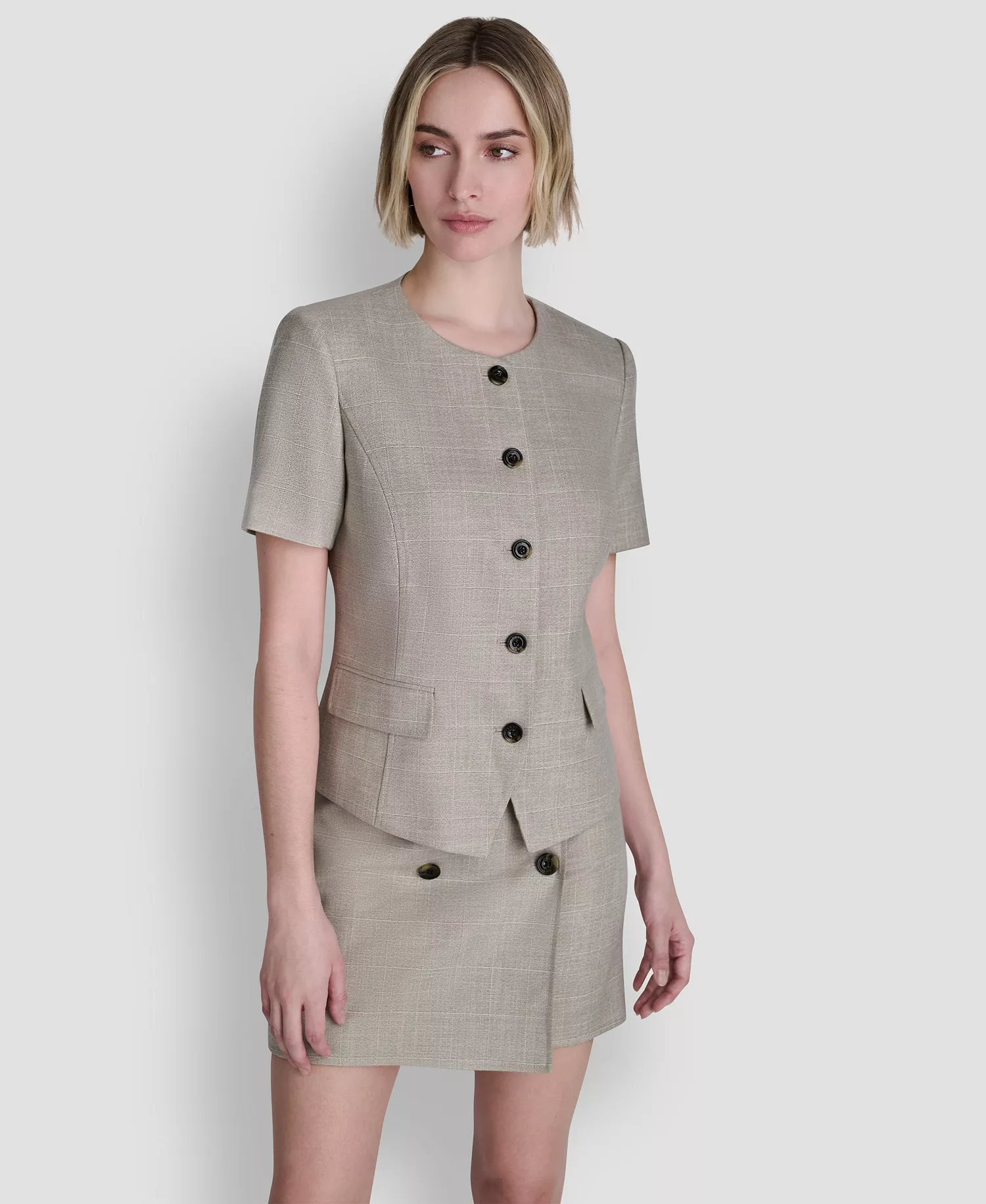 Women's Windowpane Short-Sleeve Crew Neck Structured Top - Pebble / White Combo - 0