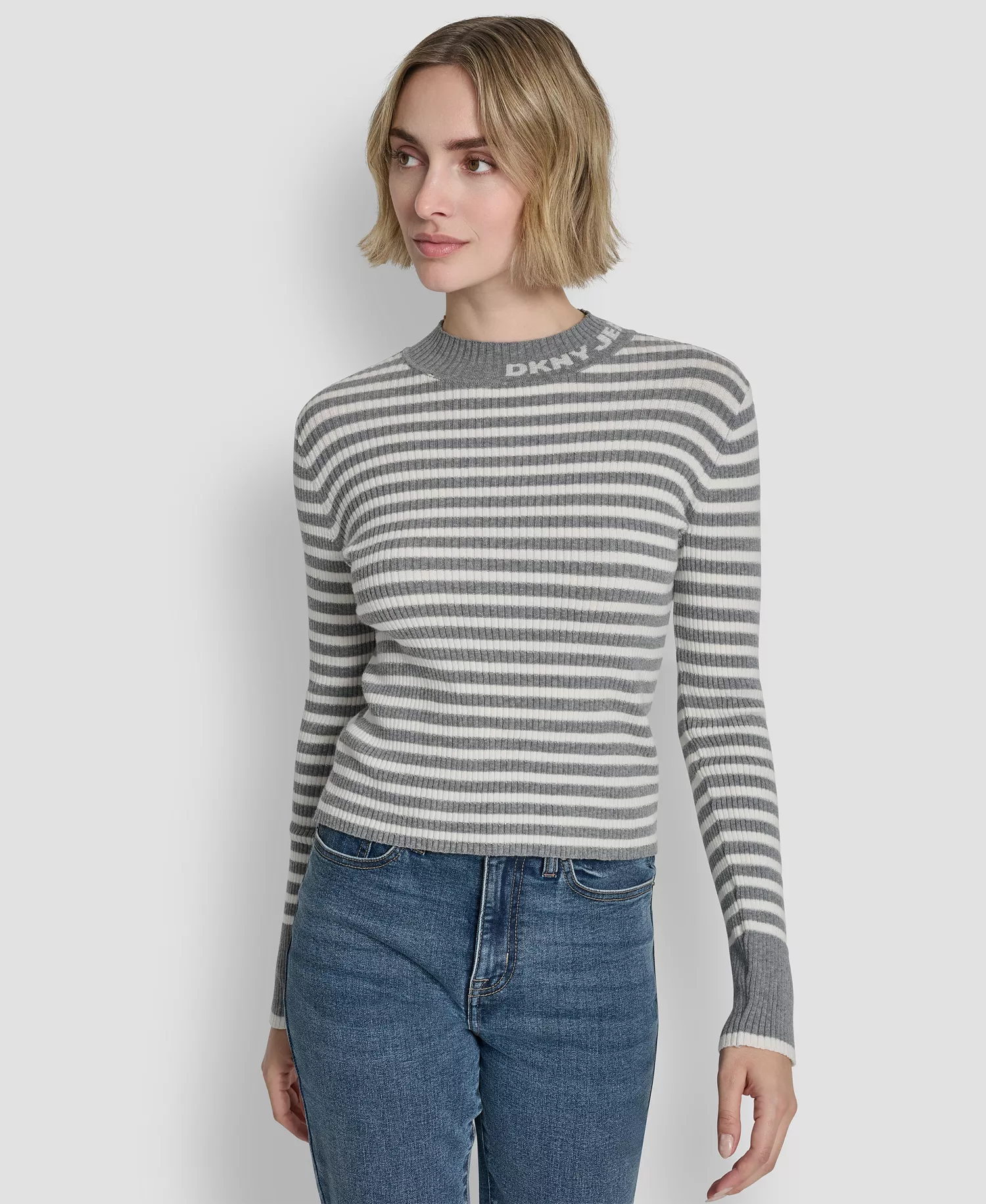 Women's Long-Sleeve Mock Neck Rib Striped Sweater - Storm Grey Heather/Ivory/Silver - L