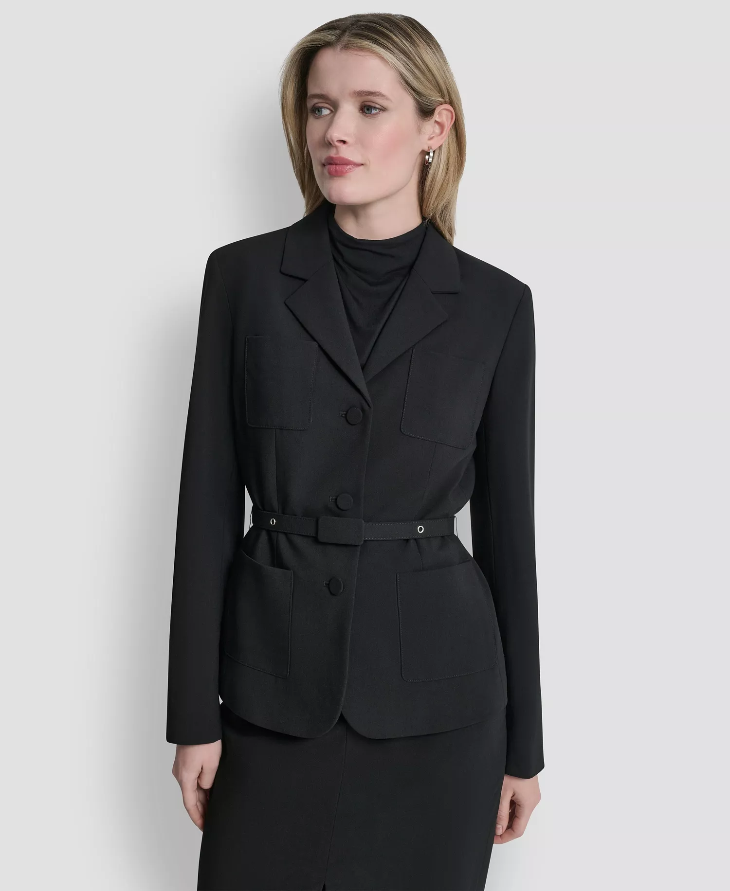 Women's Tailored Belted Blazer Jacket - Black - 0