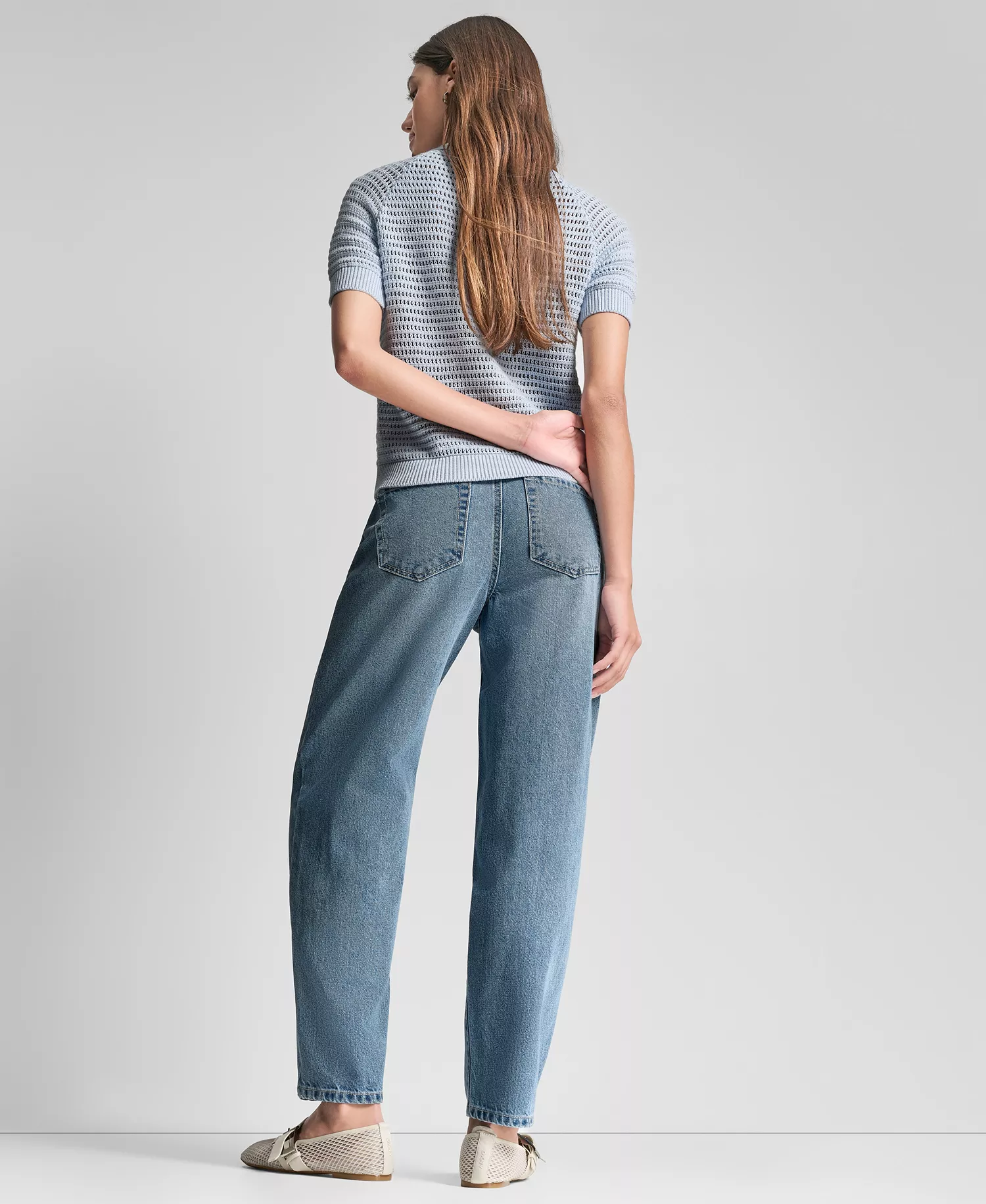 Women's Short-Sleeve Polo Collar Faux Crochet Stitch Sweater - Frost Blue - L