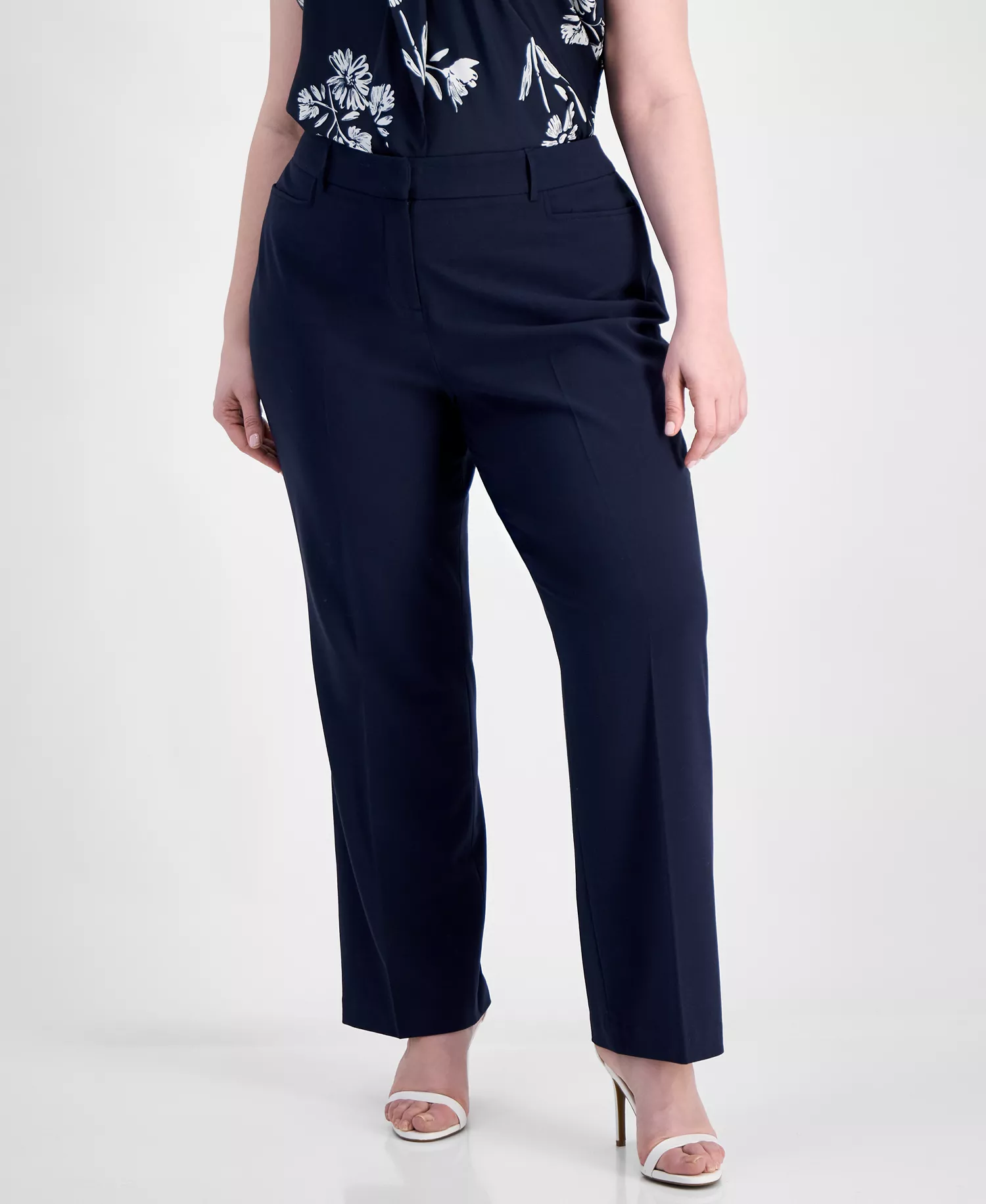 Plus Size Bird Eye Press-Pleat Straight-Leg Pants  - New Navy - 14W